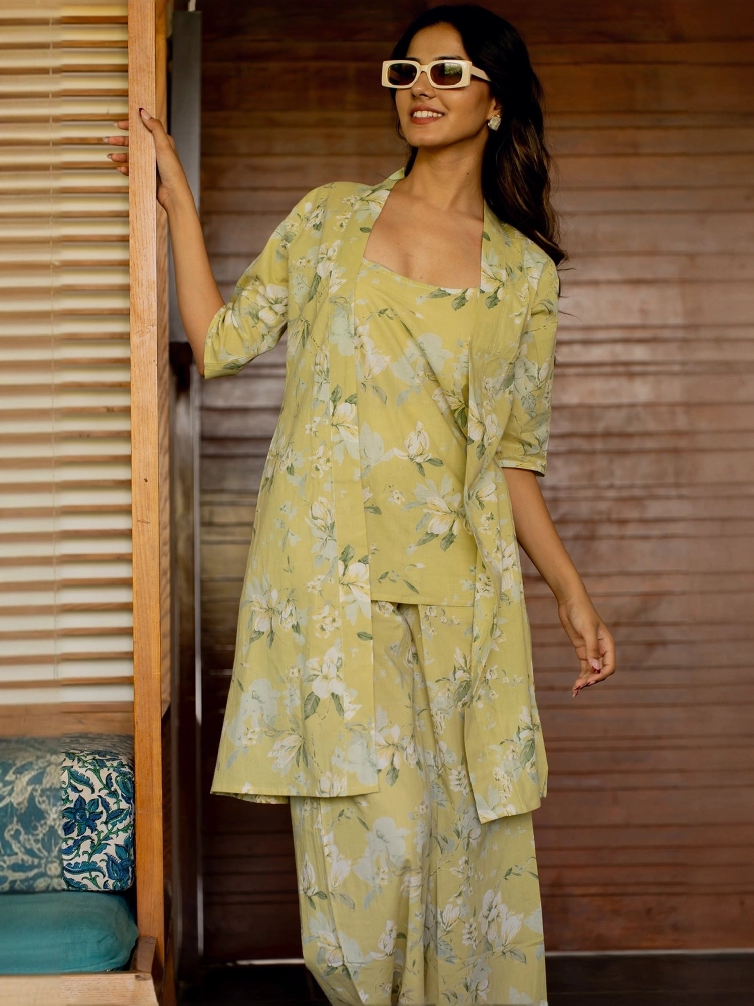 MIRCHI FASHION Yellow Cotton Printed Top Palazzo Set With Shrug