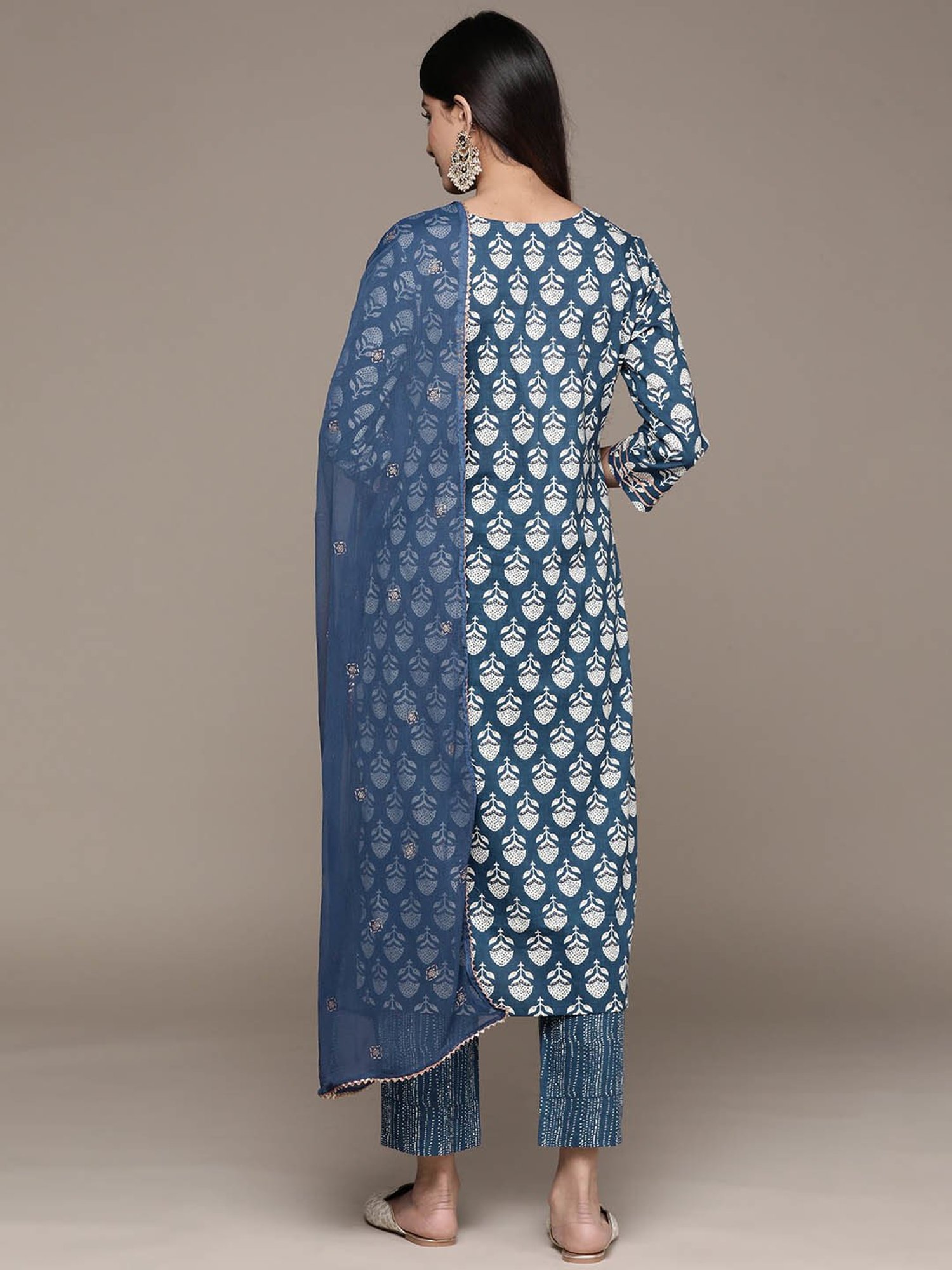Anubhutee Blue Cotton Floral Kurta With Pants & Dupatta