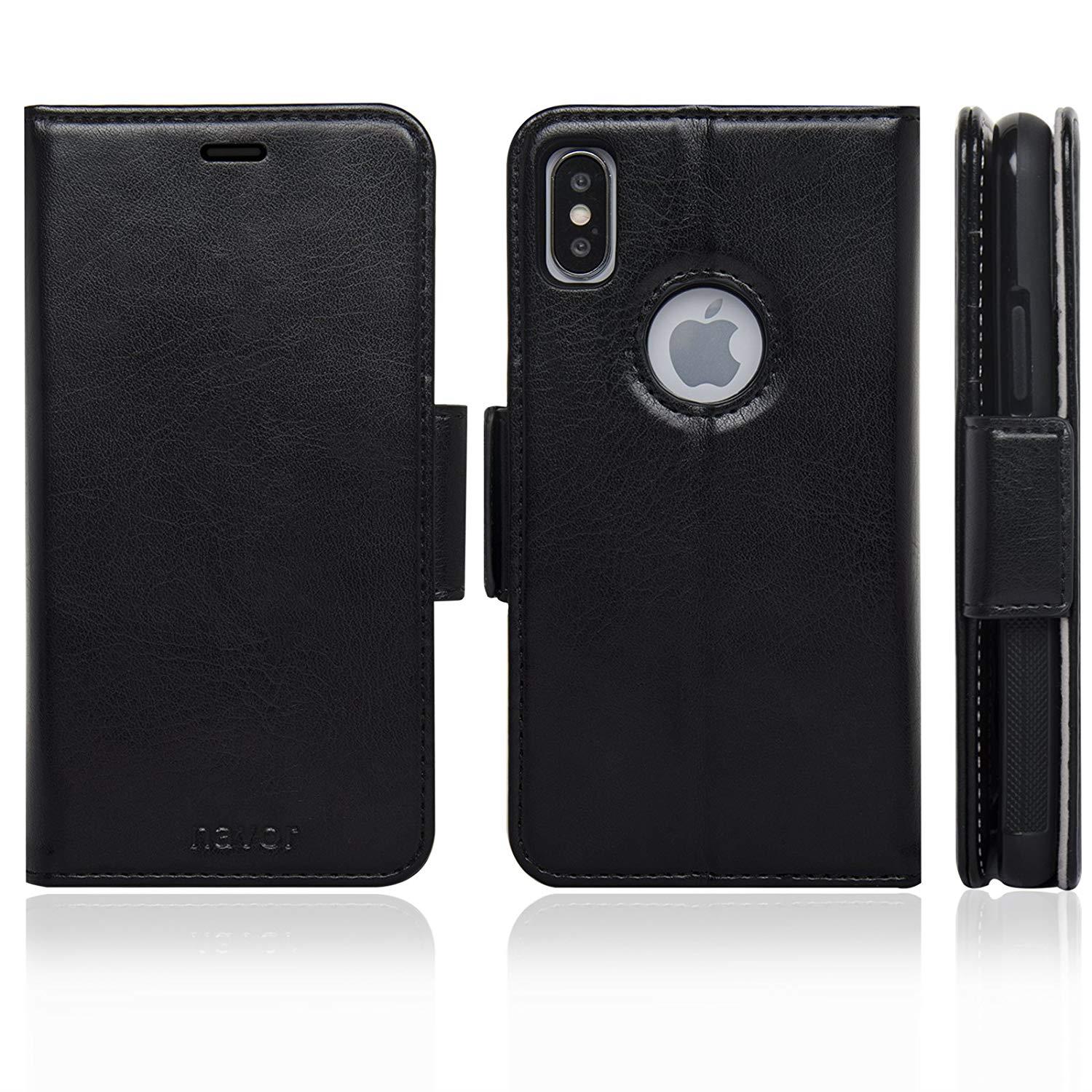 Navor Detachable Magnetic Wallet Case RFID Protection, Logo Hole, Compatible for iPhone Xs/X [Vajio Series]-Black (IPXVJBK)