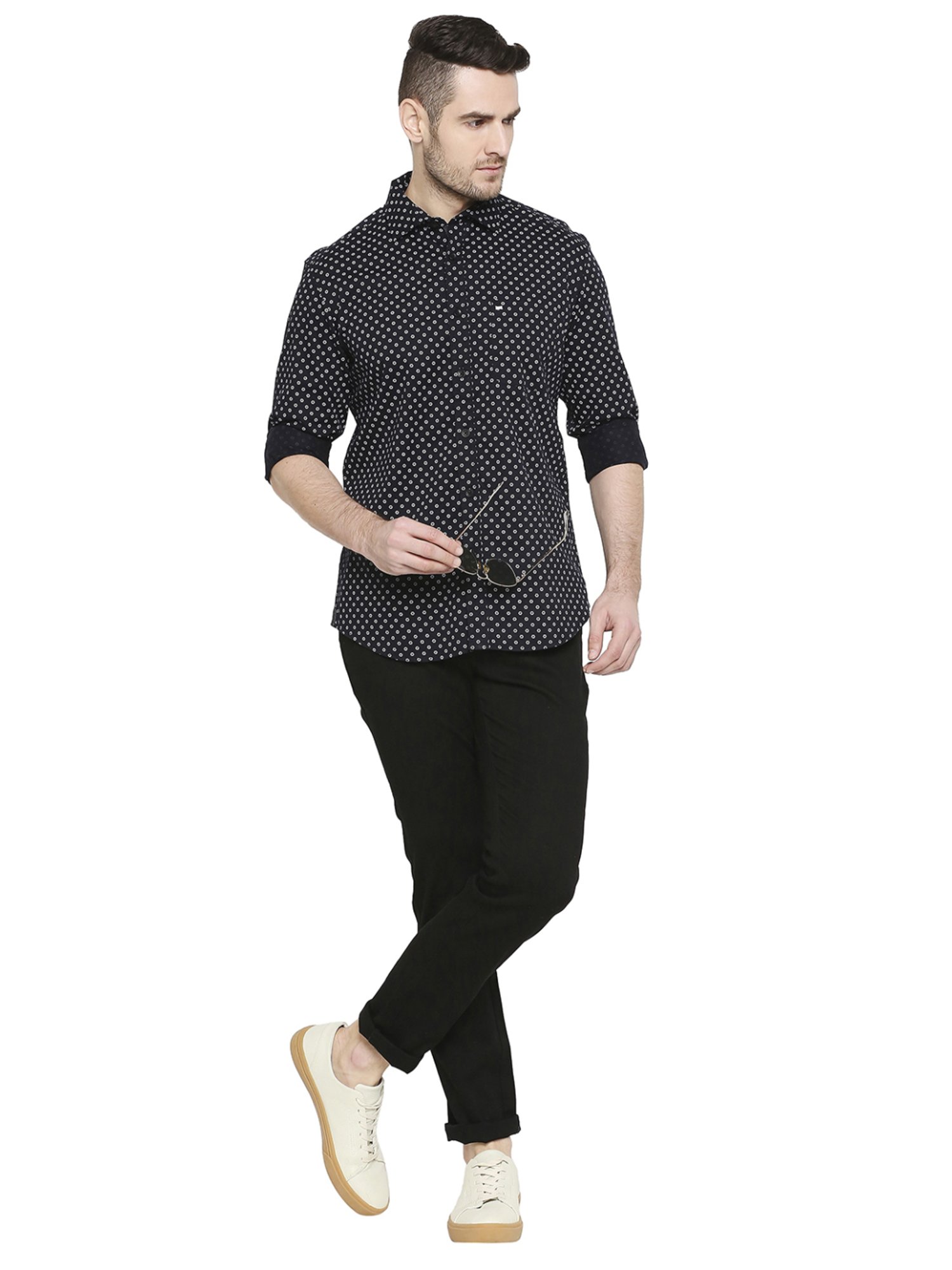 Basics Black Cotton Slim Fit Printed Shirt