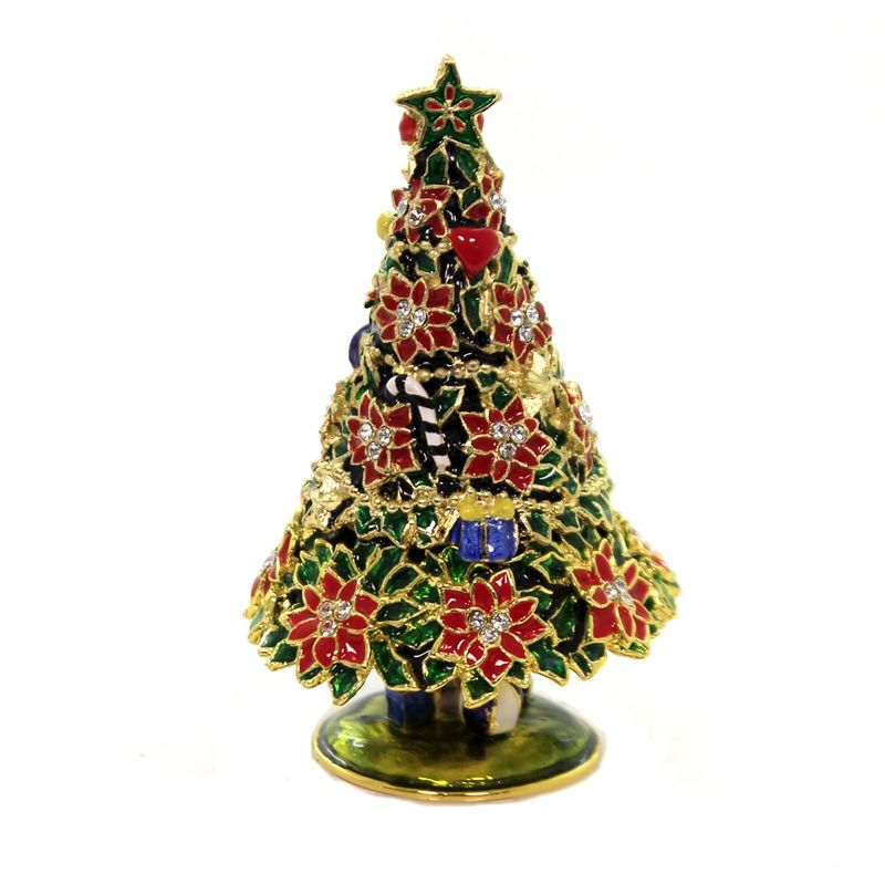 Hinged Trinket Box 3.5" Poinsettia Tree Enameled Box Austrian Crystals  -  Decorative Figurines
