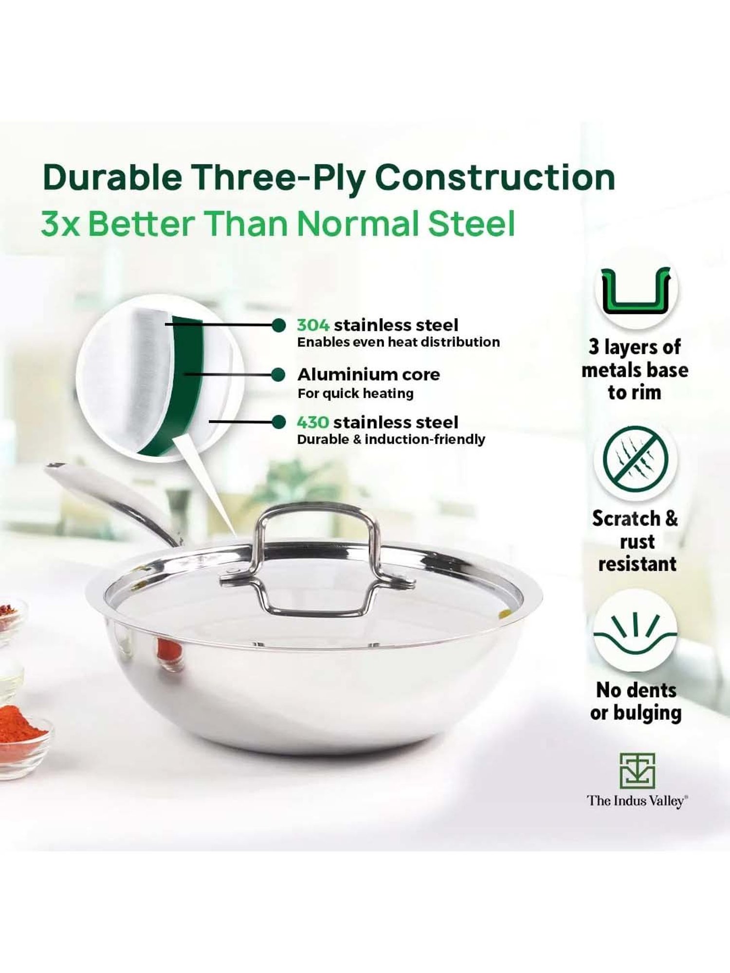 ALLO Silver Stainless Steel Induction Friendly Triply Kadhai (3 L)