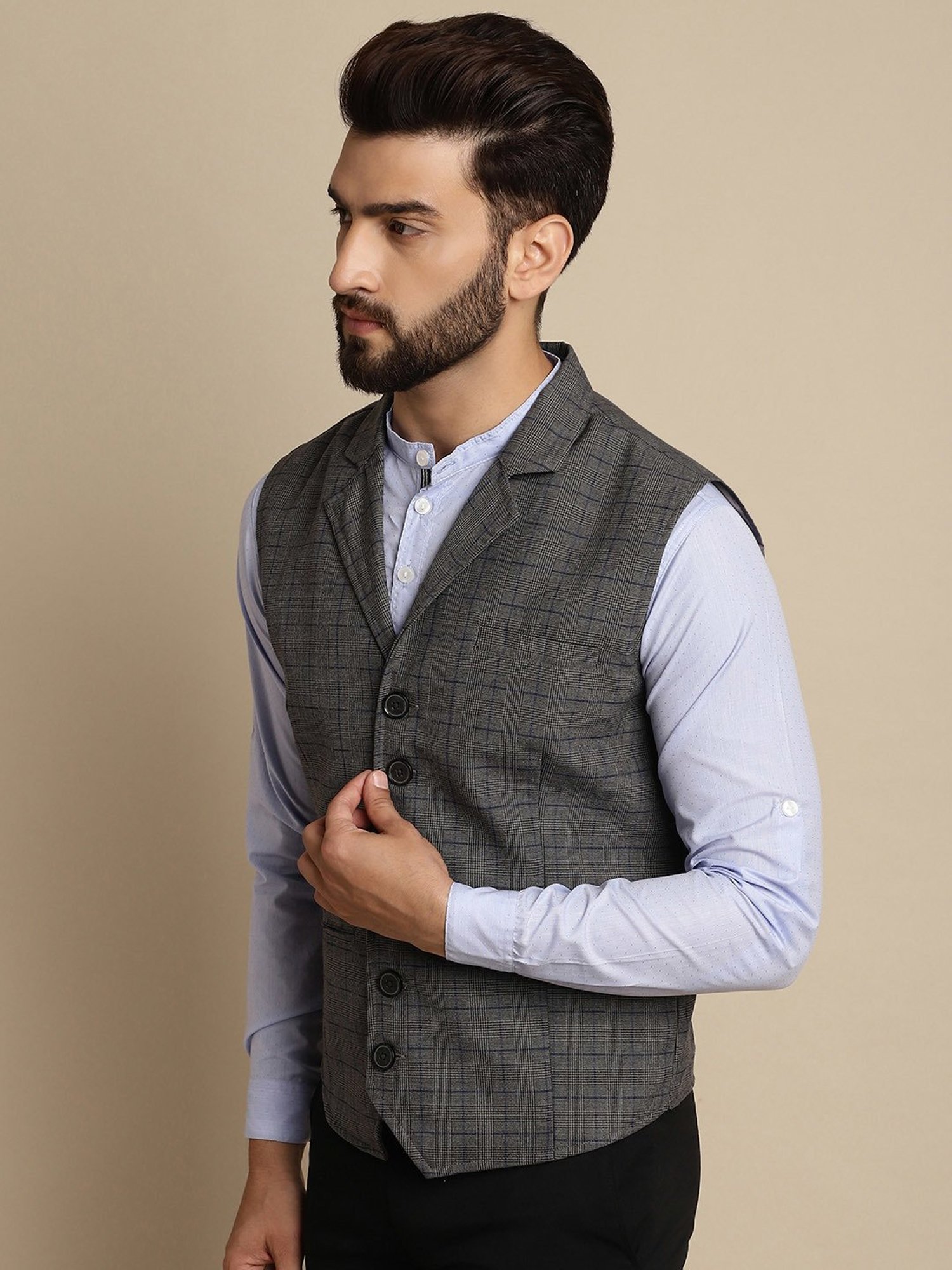 Even Grey Regular Fit Notch Lapel Check Waistcoat