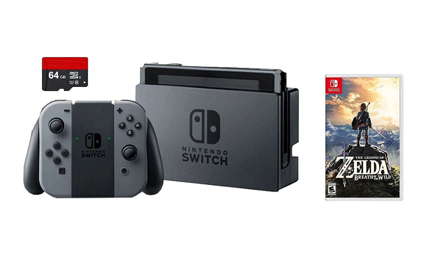Nintendo Switch 3 Items Bundle: Nintendo Switch 32GB Console with Gray Joy-Con, 64GB MicroSD Memory Card, and The Legend of Zelda: Breath of the Wild Game