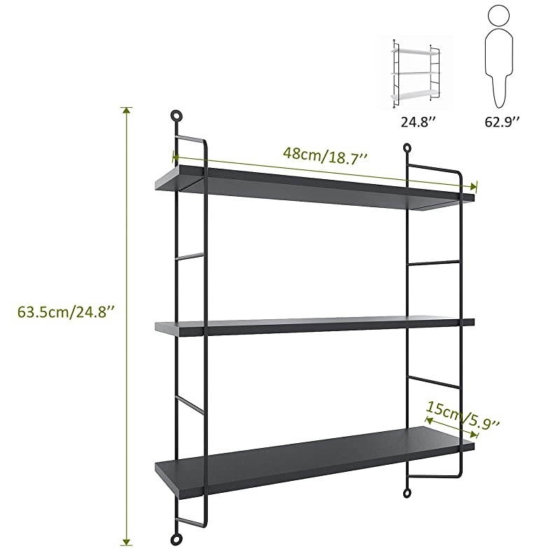 Shelves Wall Mounted Industrial Metal Frame Wood Wall Storage Shelves for Bedroom Living Room Bathroom Kitchen Office and More 3 TierBlack