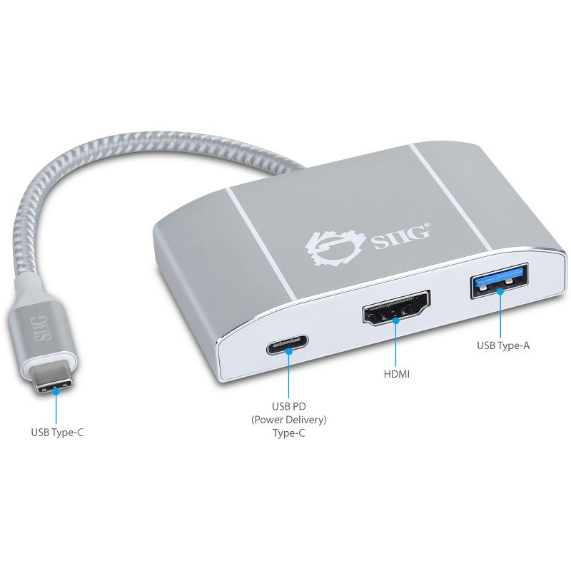 SIIG USB 3.1 Type-C Hub with HDMI & PD Charging Adapter - 4K Ready - for Notebook/Desktop PC - USB Type C - 4 x USB Ports - HDMI - Wired