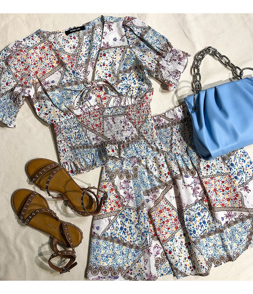 Sugarlips Patchwork Print Smocked Coordinating High Waist Skirt