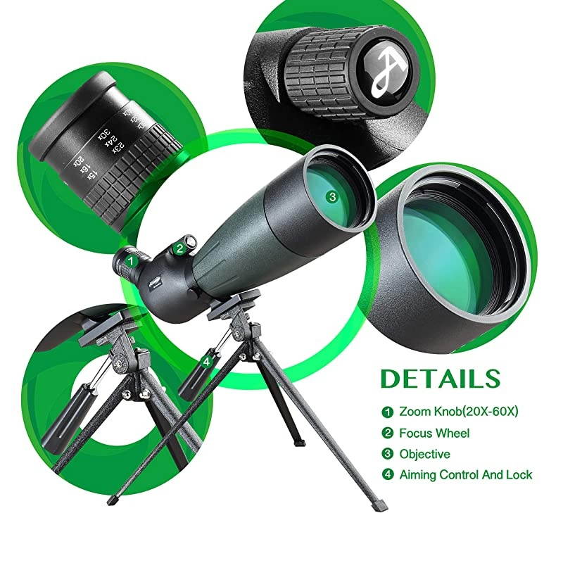 Spotting Scope 2060X80 with Tripod Phone Adapter Case  Sighting Hunting Bird Watching Waterproof Fogproof FMC BAK4 45&deg;Angled Monocular Telescope