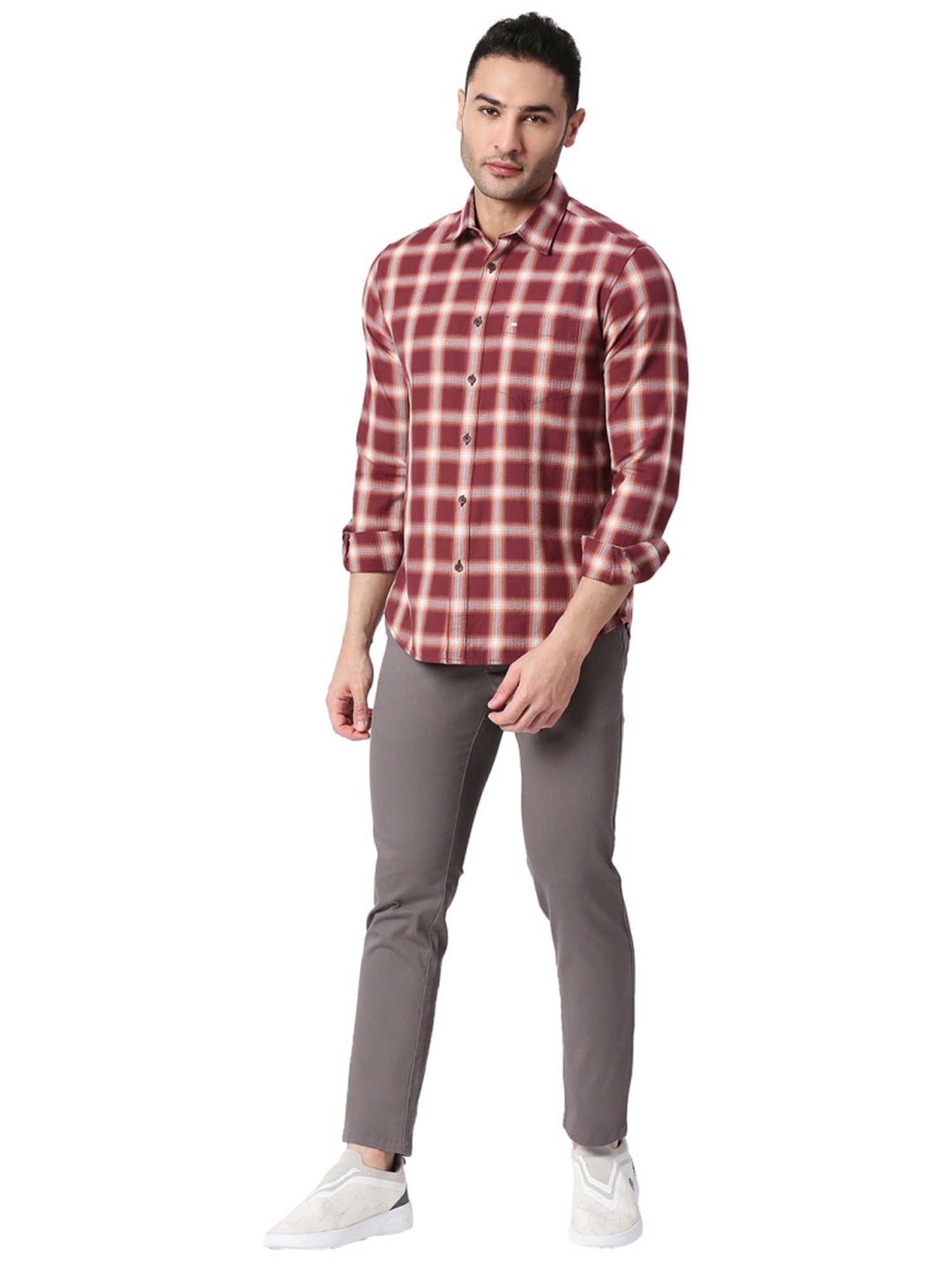 Basics Maroon Slim Fit Checks Shirt