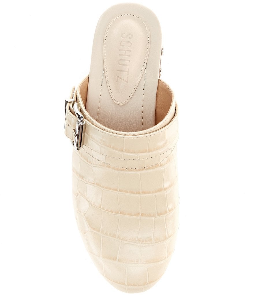 Schutz Smooshy Croco Print Leather Nailhead Buckled Strap Platform Mule Clogs