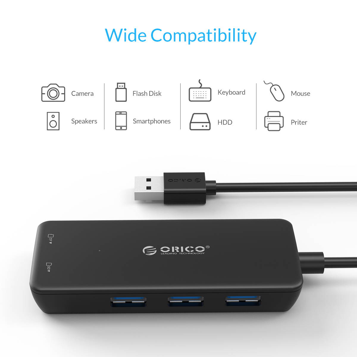 USB3.0 HUB, ORICO 3 Ports USB 3.0 Hub Super Speed with SD/ Micro SD Card Reader Combo For PCs and Laptops