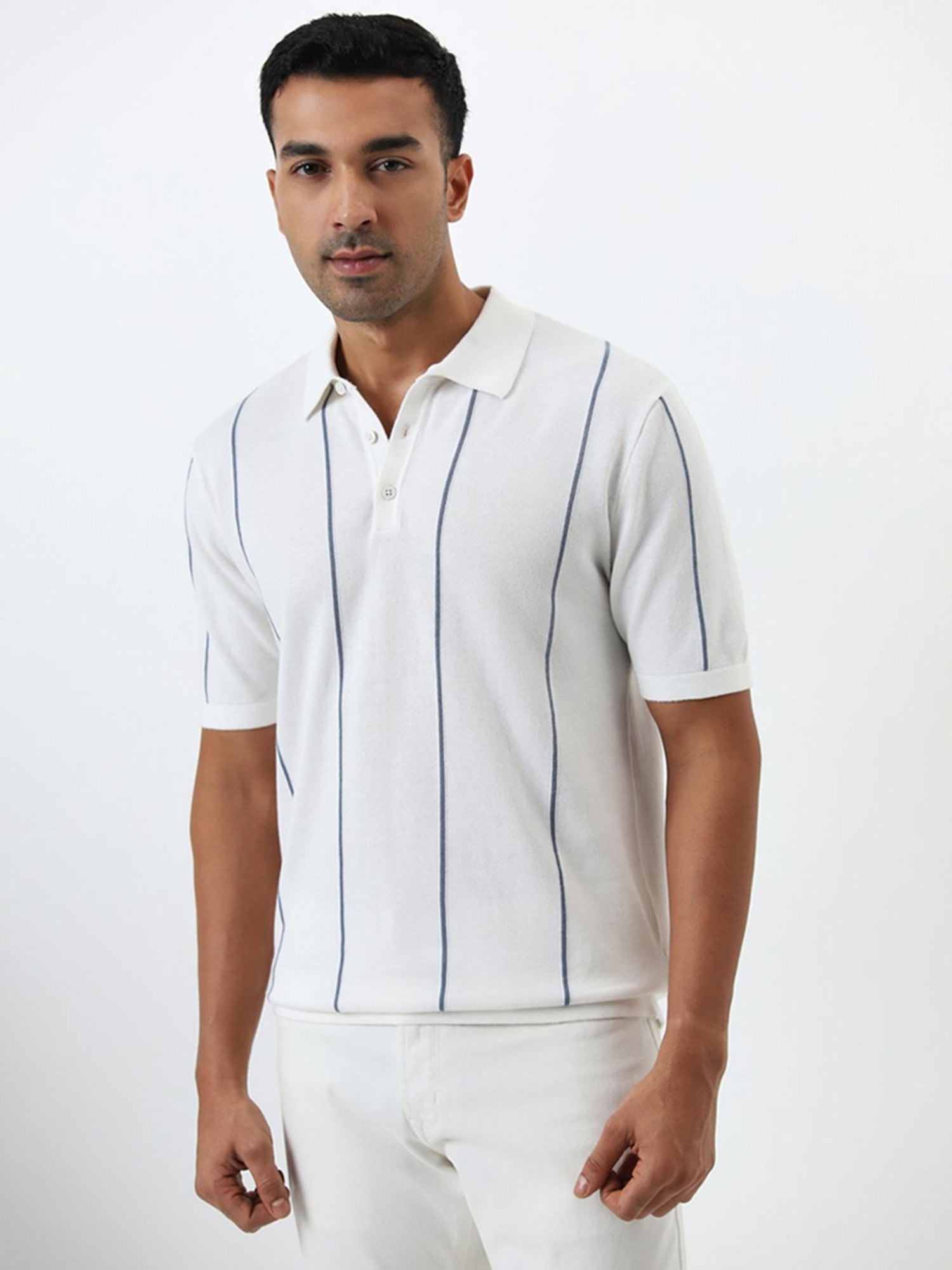 Ascot by Westside White Stripe Pattern Relaxed-Fit Cotton Polo T-Shirt