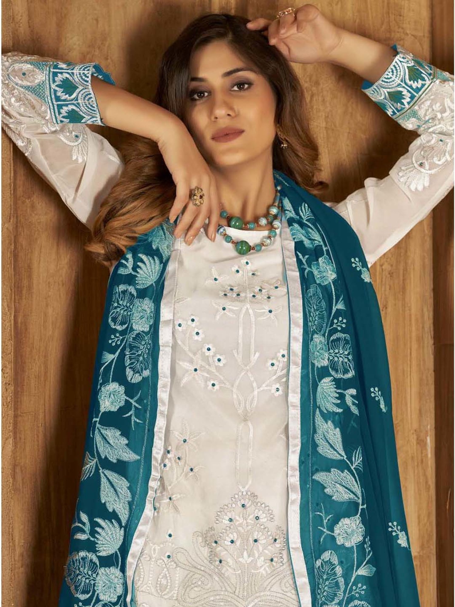 Warthy Ent White Embroidered Semi Stitched Dress Material