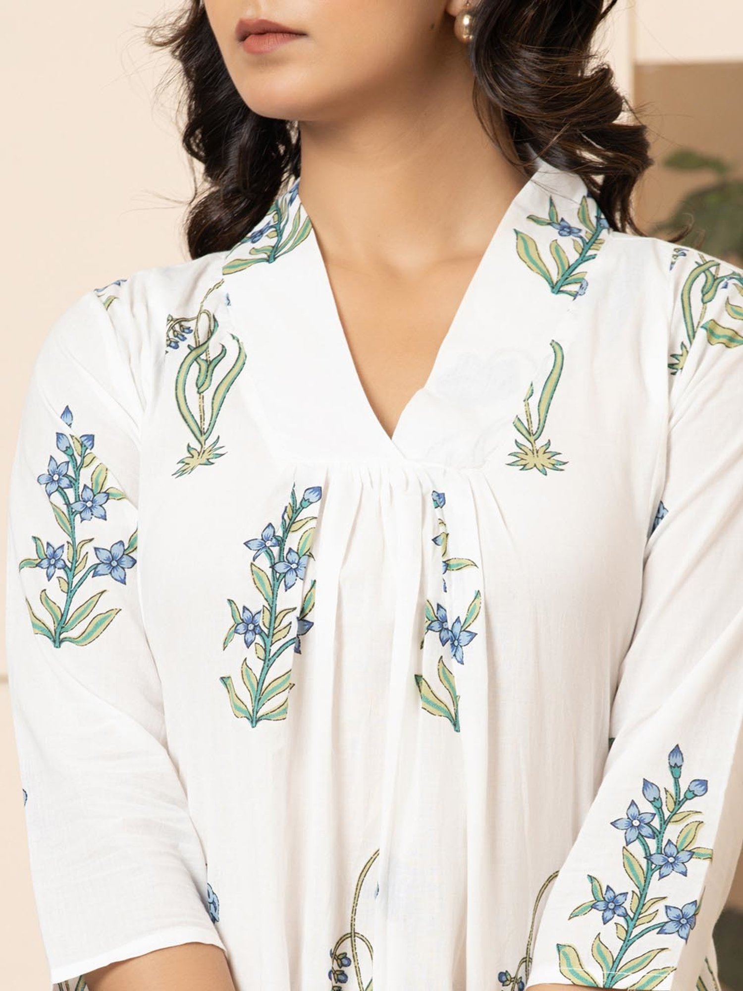 Yufta White Cotton Floral Print A Line Kurta