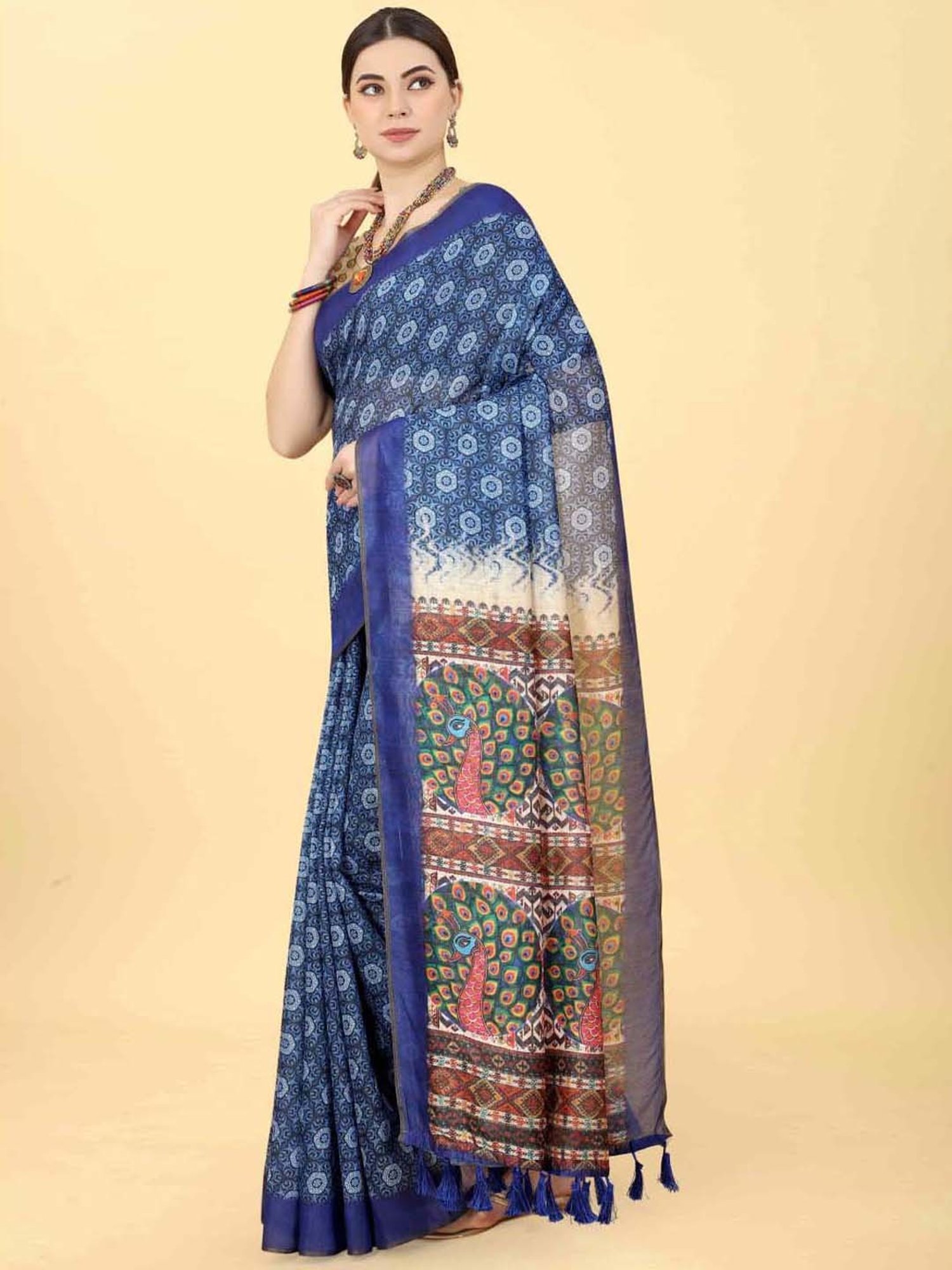 Silk Land Blue Printed Saree With Unstitched Blouse