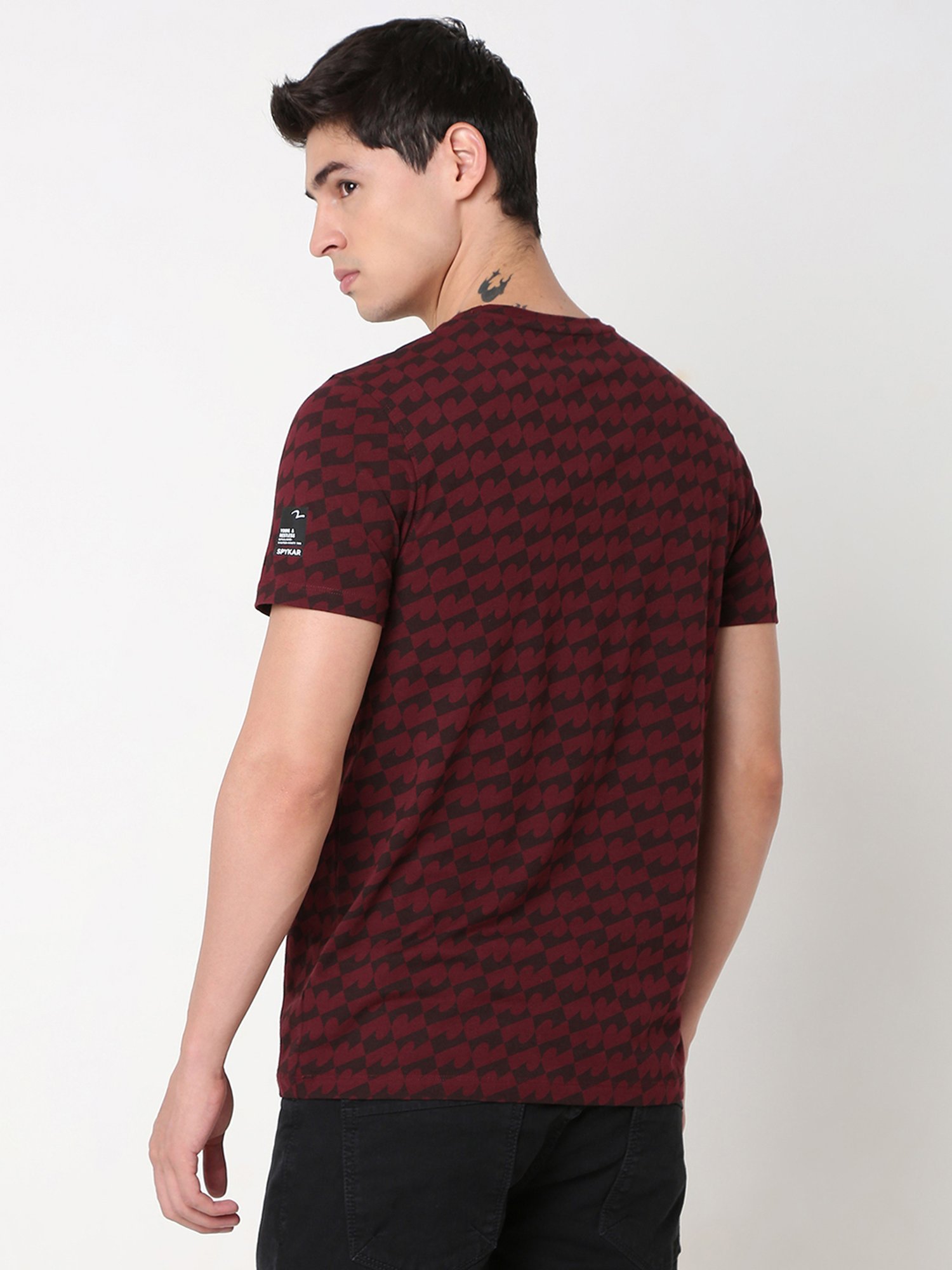 Spykar Maroon Slim Fit Printed Crew T-Shirt