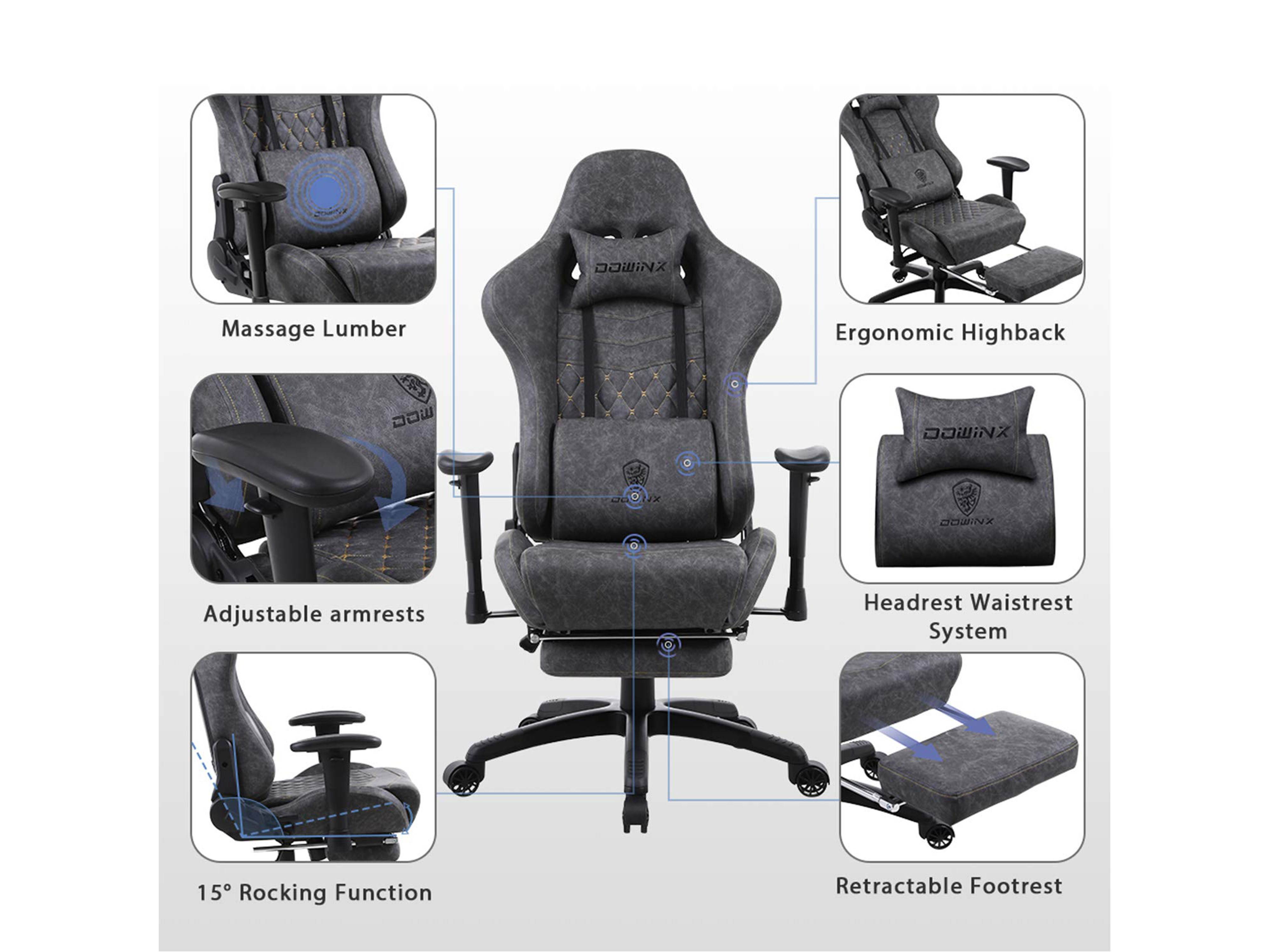 Dowinx Gaming Chair Ergonomic Retro Style Recliner with Massage Lumbar Support Office Armchair for Computer PU Leather with Retractable Footrest Grey