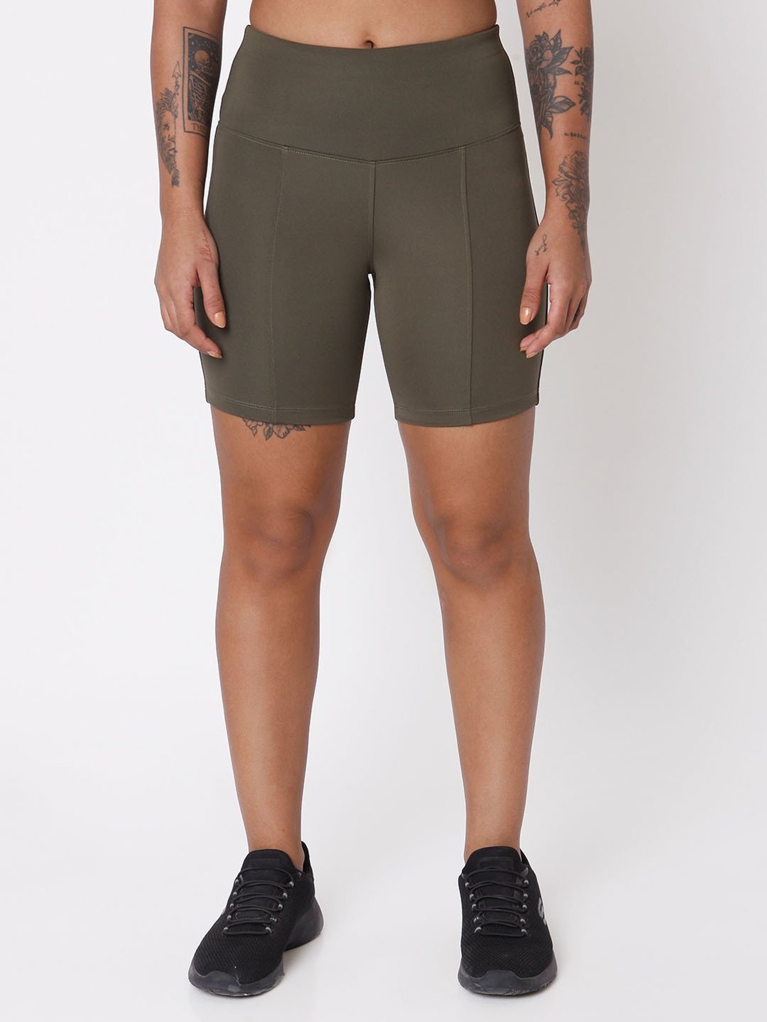 SILVERTRAQ Olive Polyester Relaxed Fit Cycling Shorts