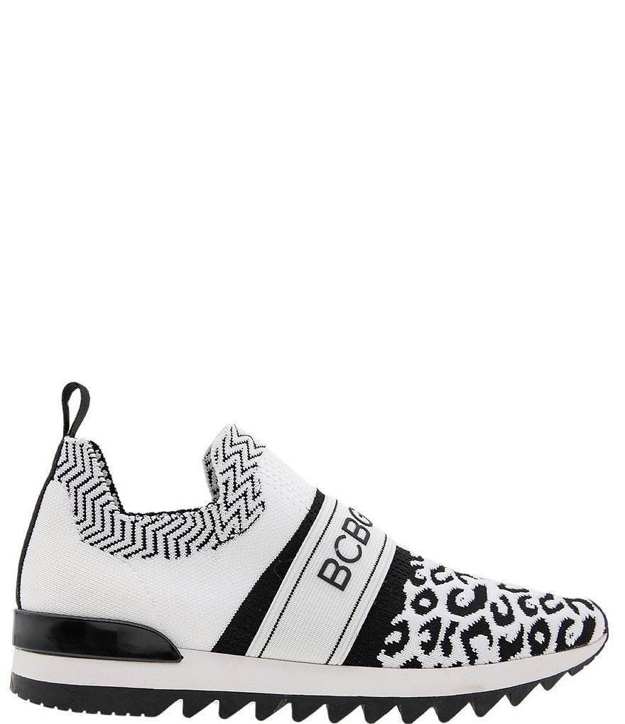 BCBGeneration Lendall Stretch Knit Animal Print Fabric Logo Strap Slip On Sneakers