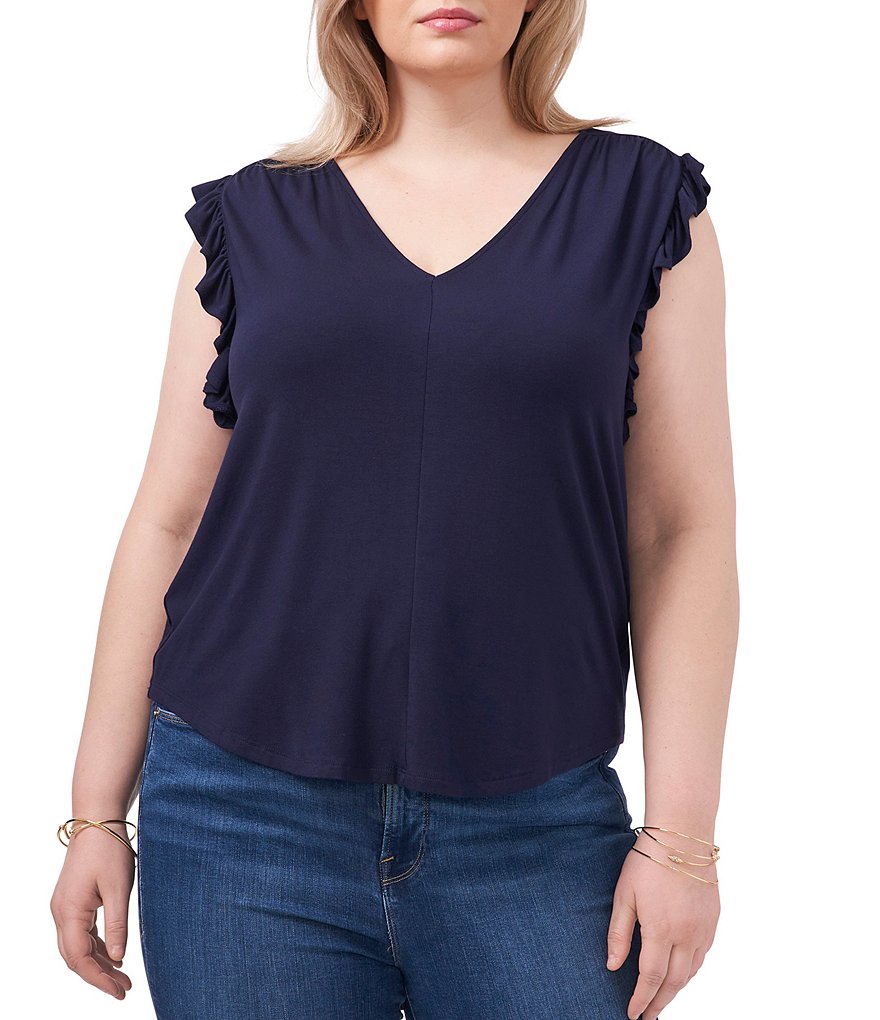 1. STATE Plus Size V-Neck Ruffle Sleeveless Top