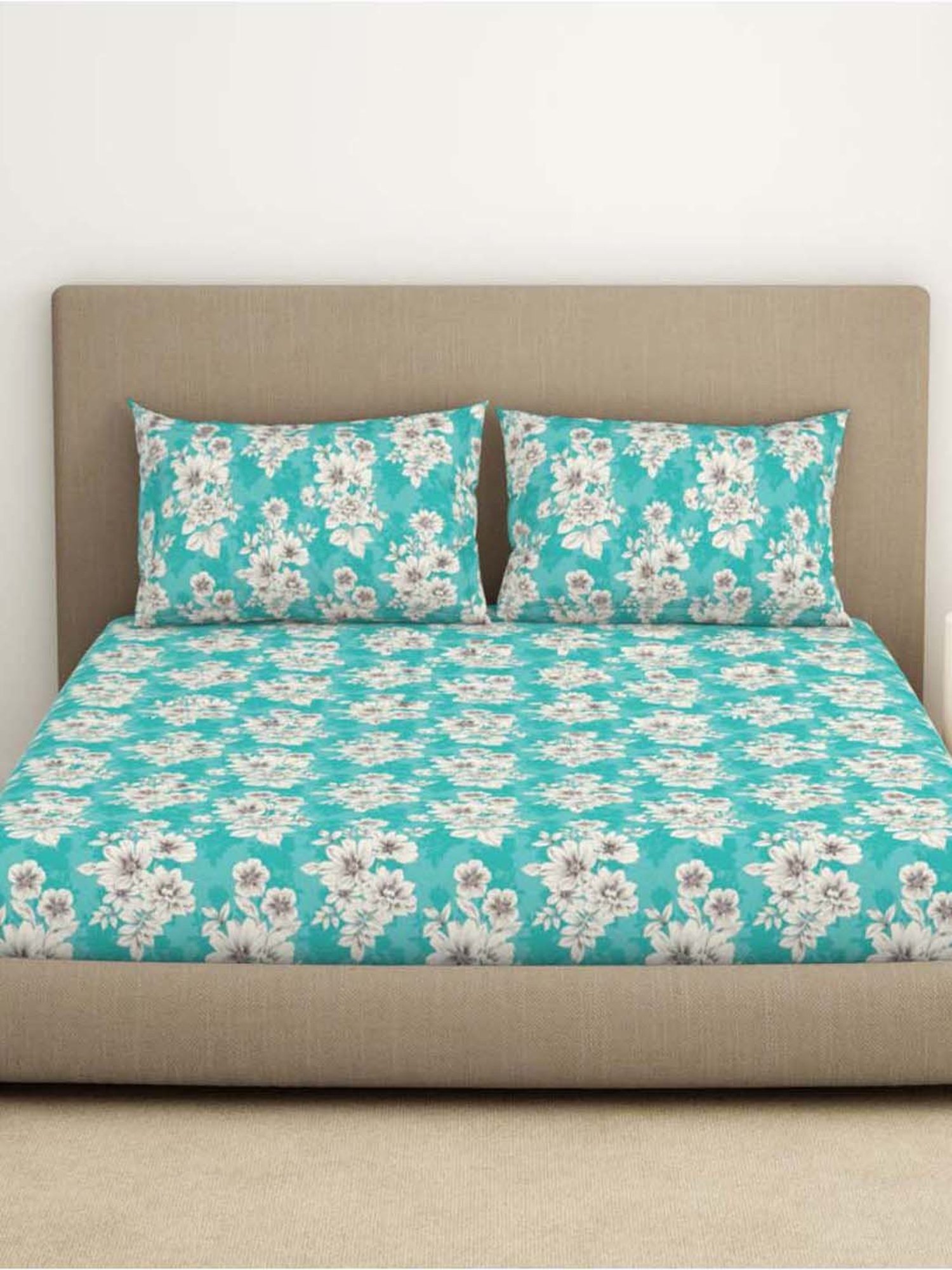 WELSPUN Dazzle Pool Blue Microfiber 140 TC Double Size Bedsheet With Pillow Covers