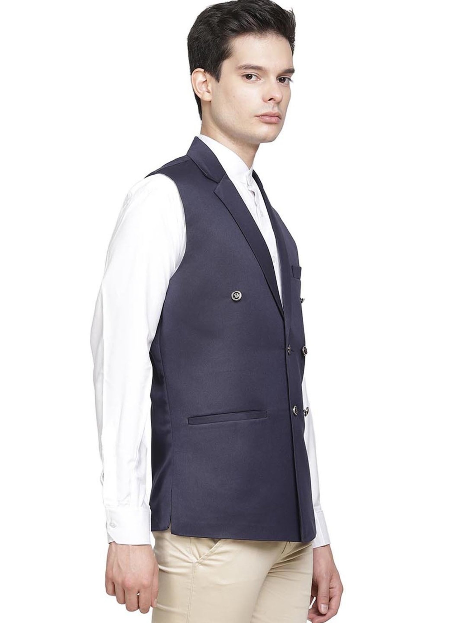 TAHVO Navy Cotton Slim Fit Waistcoat