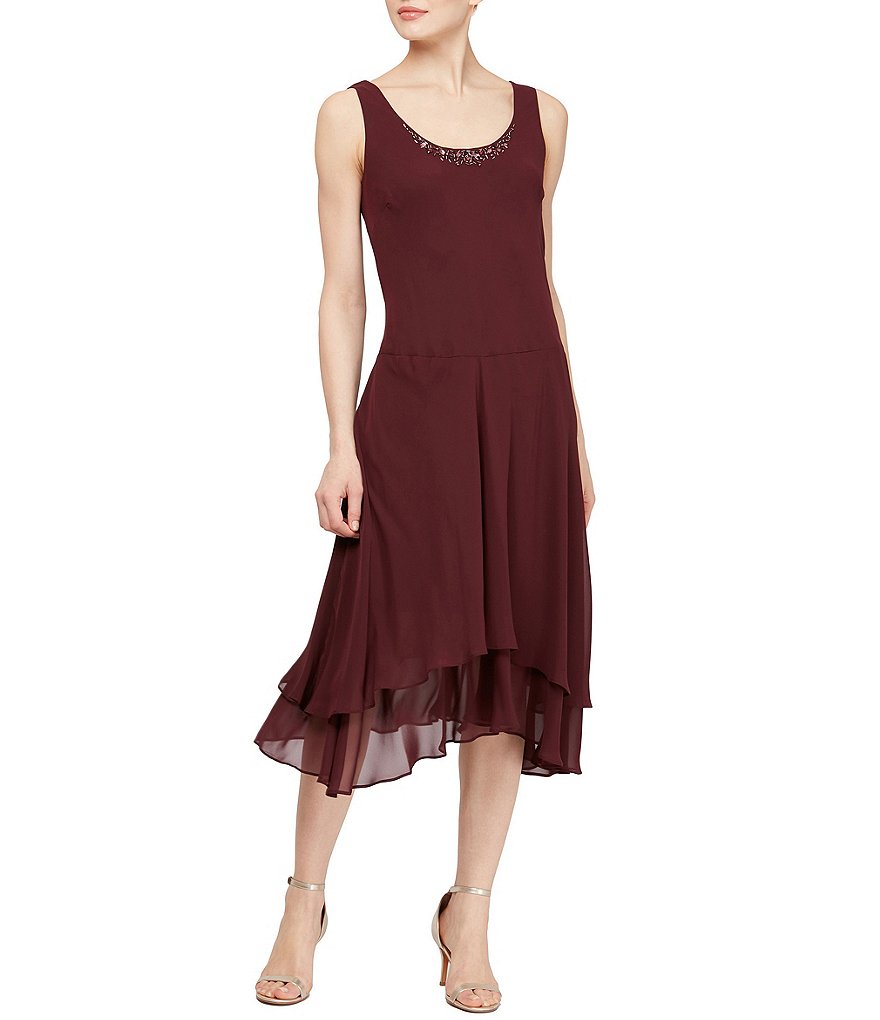 Ignite Evenings Petite Size Scoop Neck Long Sleeve Sequined Shoulder Midi Length 2-Piece Jacket Dress