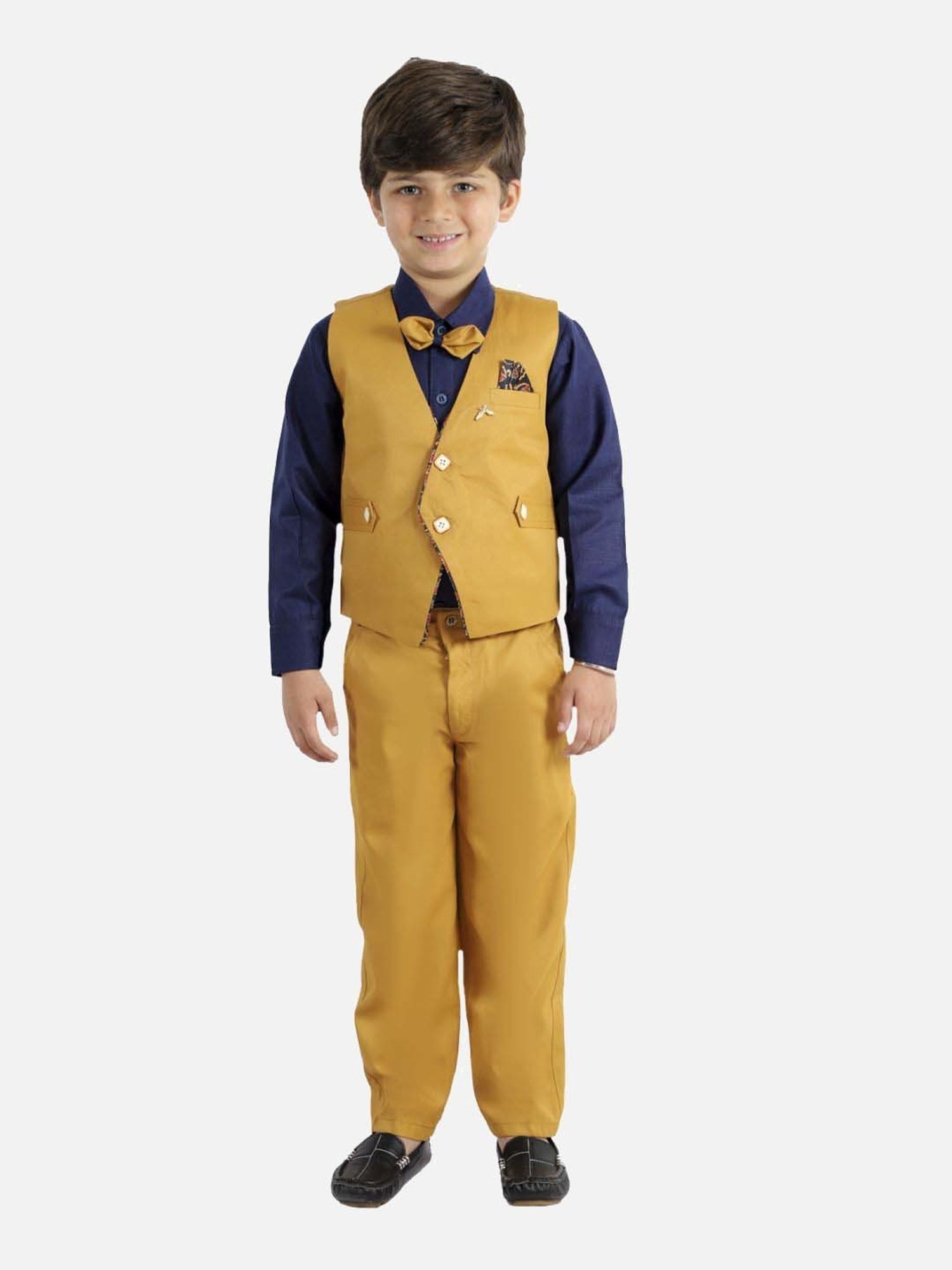 Fourfolds Boys Mustard & Blue Solid Full Sleeves Clothing Set