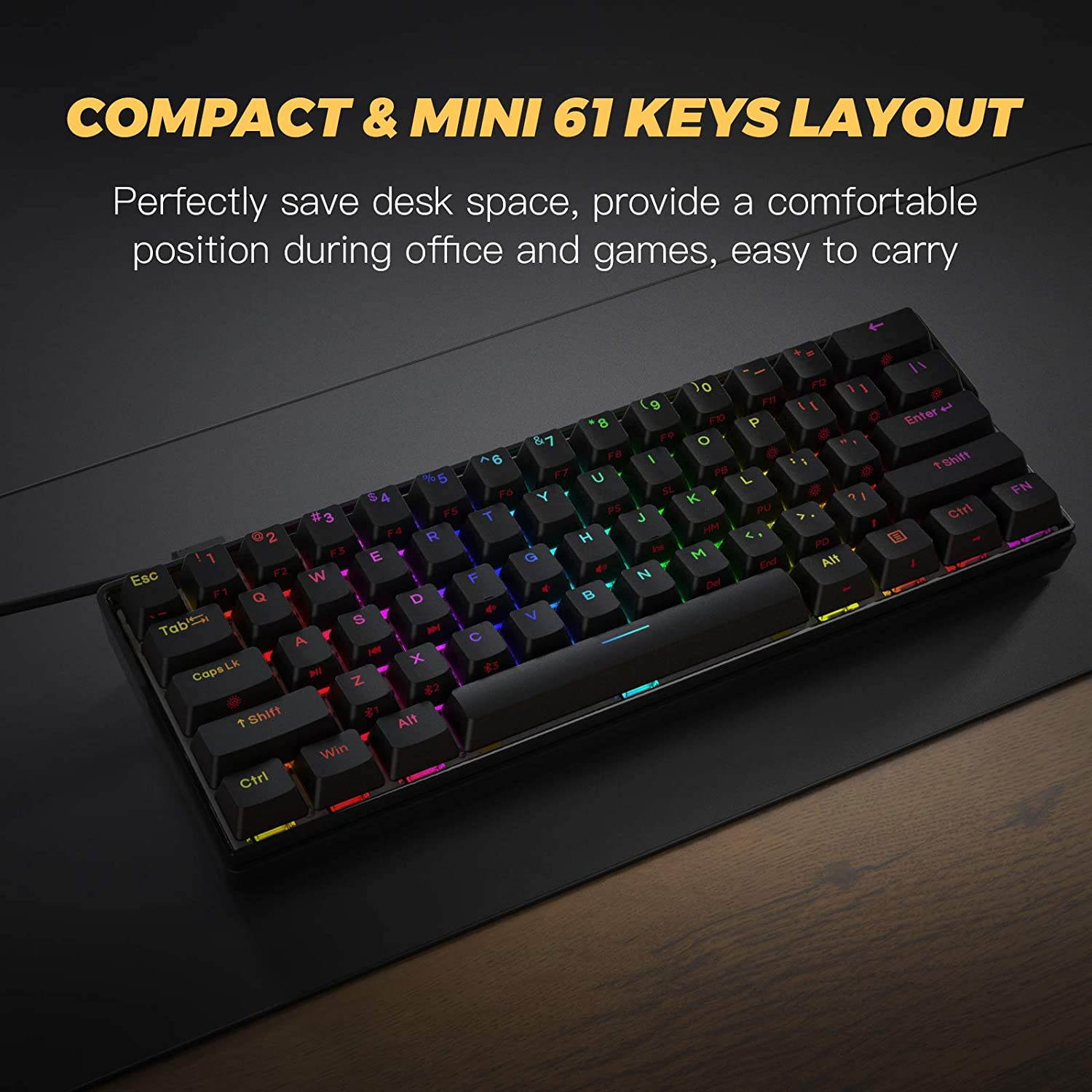 KEMOVE 61 Shadow hot swappable Bluetooth 5.1 Wireless/Wired 60% RGB Mechanical Gaming Keyboard, PBT Keycap, Full Keys Programmable for Win/Mac - Black (Gateron White Mechanical Switch)