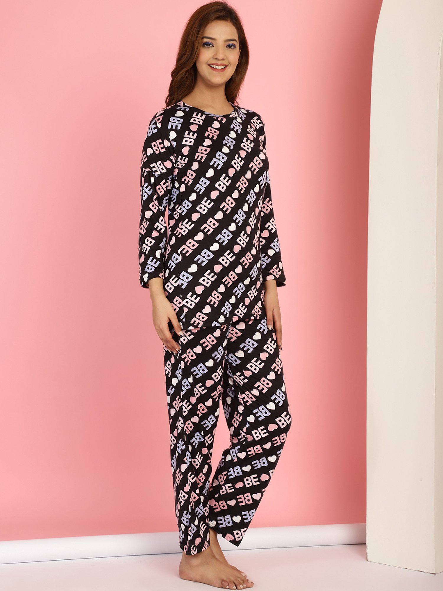 Gracit Black Cotton Printed Top With Pyjamas