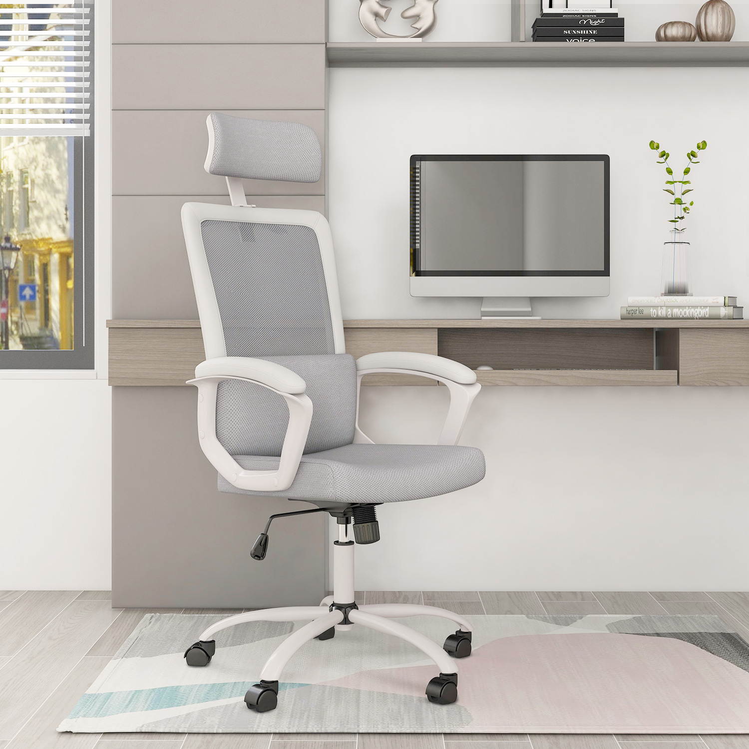 Milemont Office Chair, High Back Ergonomic Mesh Desk Office Chair with Padding Armrest and Adjustable Headrest -Gray