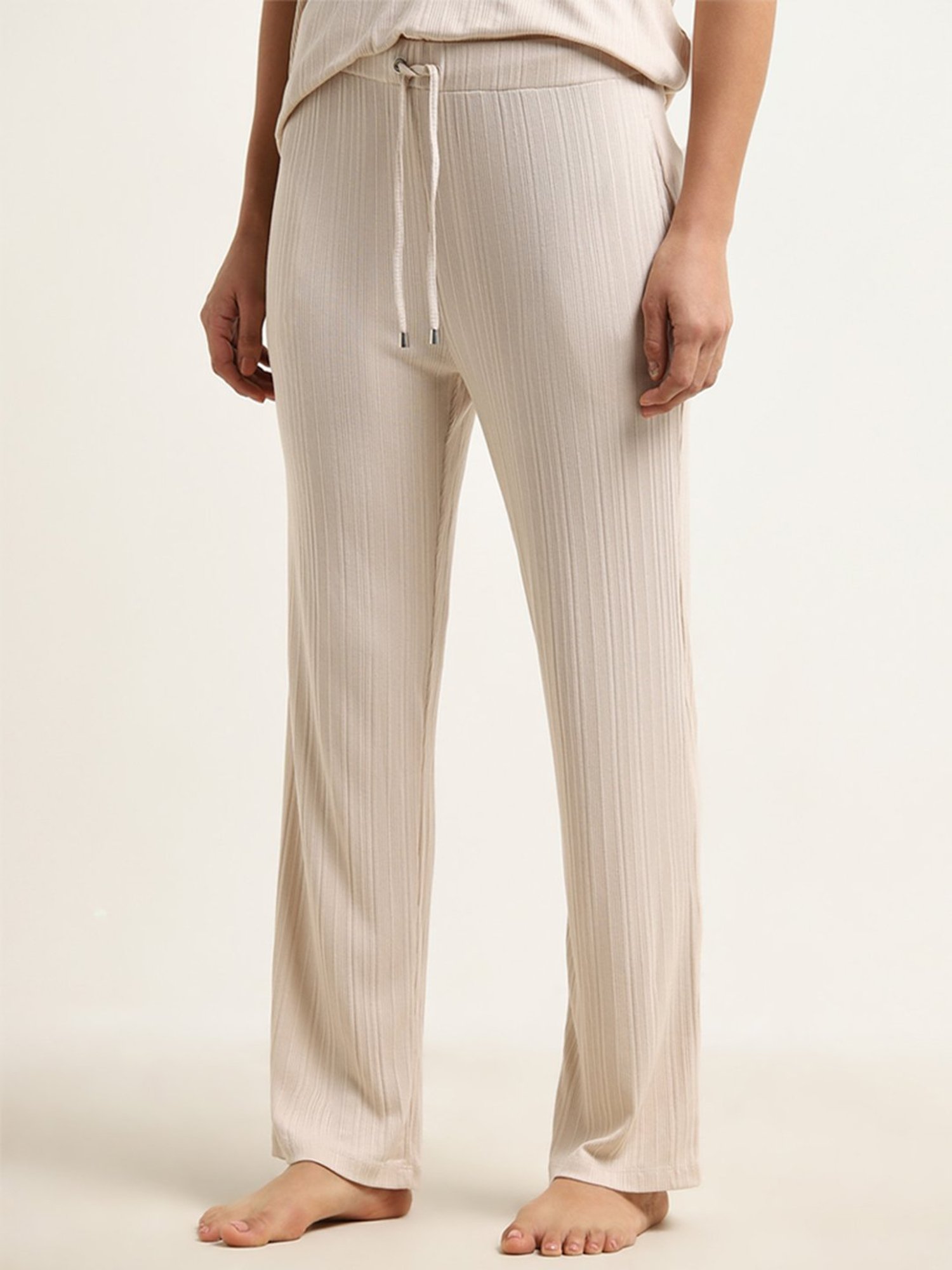 Wunderlove by Westside Beige Ribbed High-Rise Pants