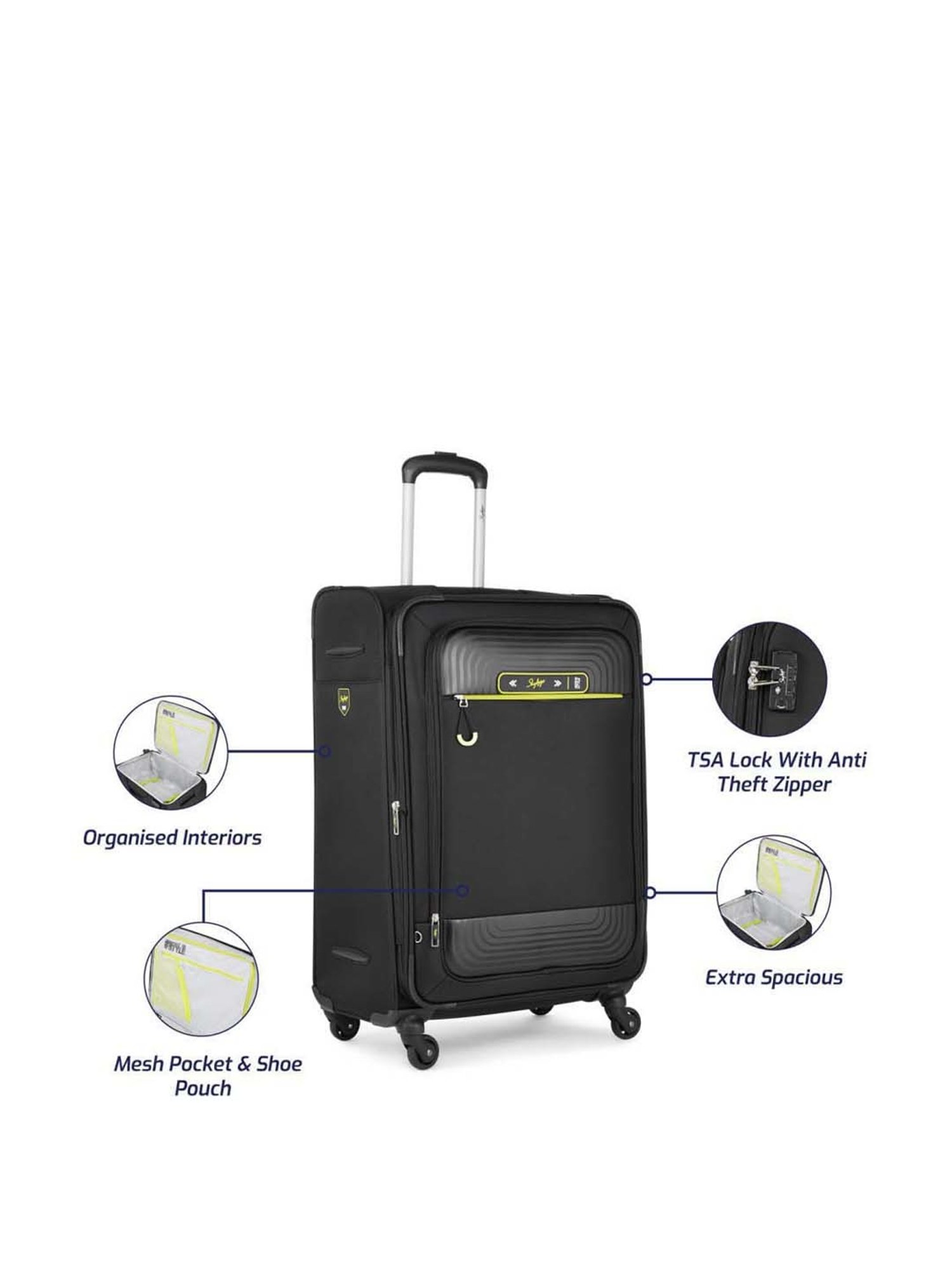 Skybags Quartz Black Solid Soft Medium Trolley Bag - 46 cm