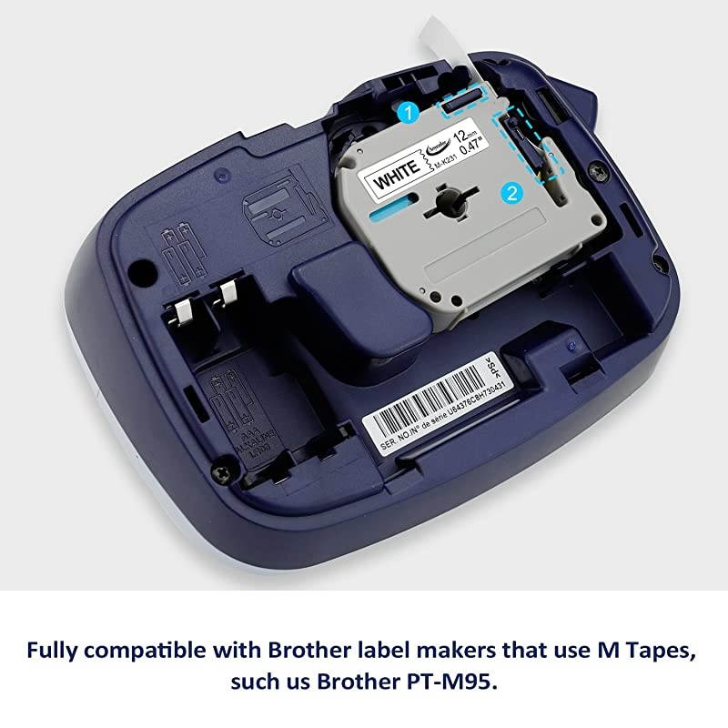 Compatible Label Tape Replacement for Brother P Touch M-Tape M231 MK231 M-K231 Work with Brother Ptouch PT-M95 PT-90 PT70 PT-65 PT85, 0.47 Inch (12mm) x 26.2 Feet (8m), Black on White, 4-Pack