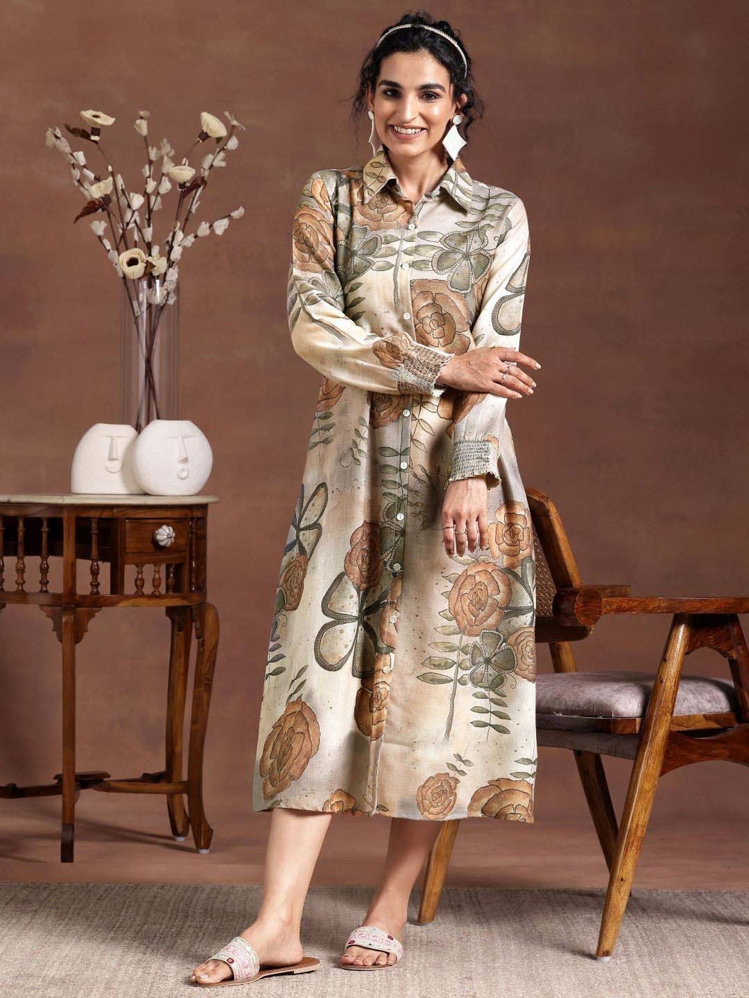 Libas Beige Linen Printed A-Line Dress