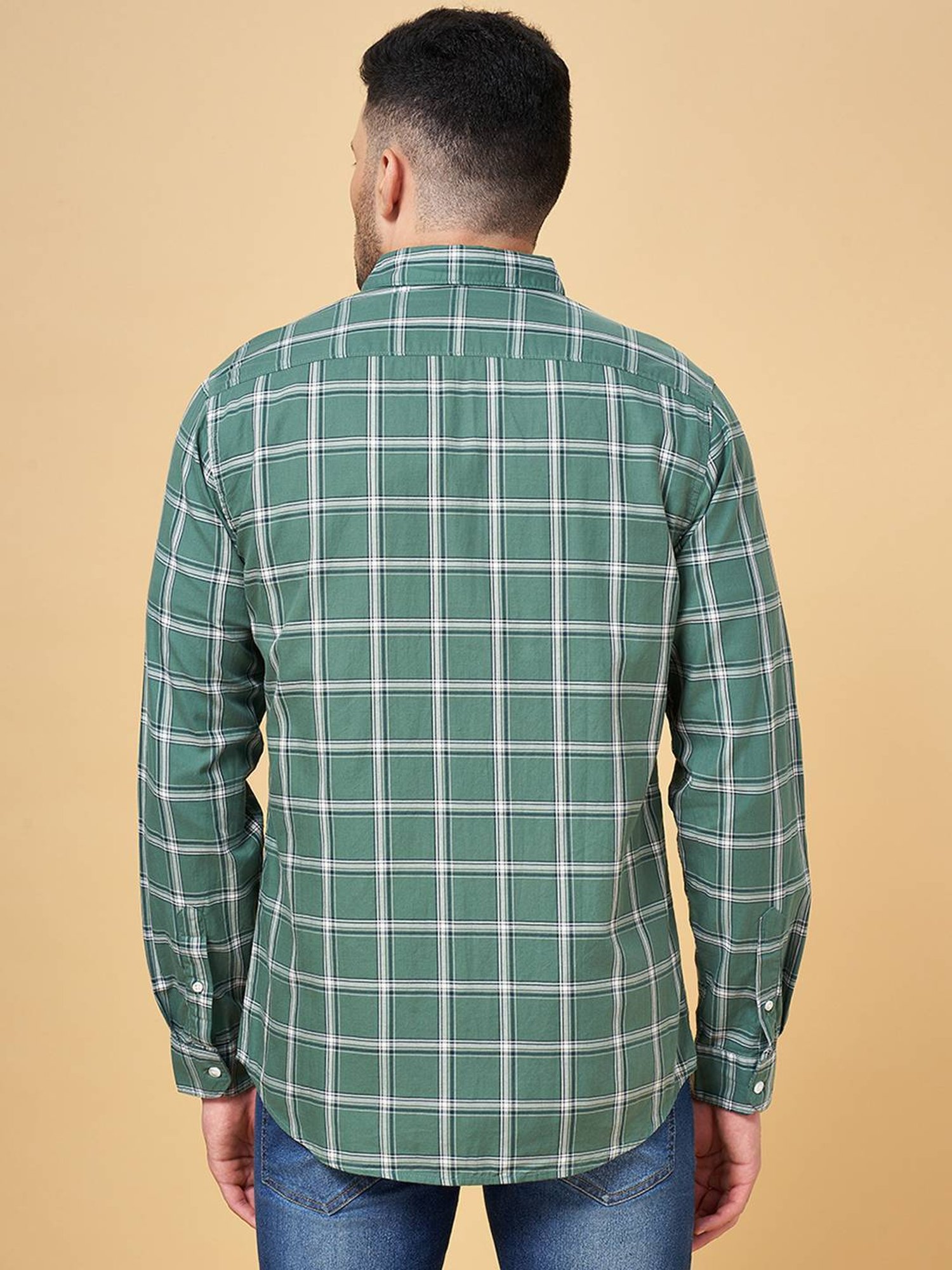YU by Pantaloons Dark Green Cotton Slim Fit Checks Shirt