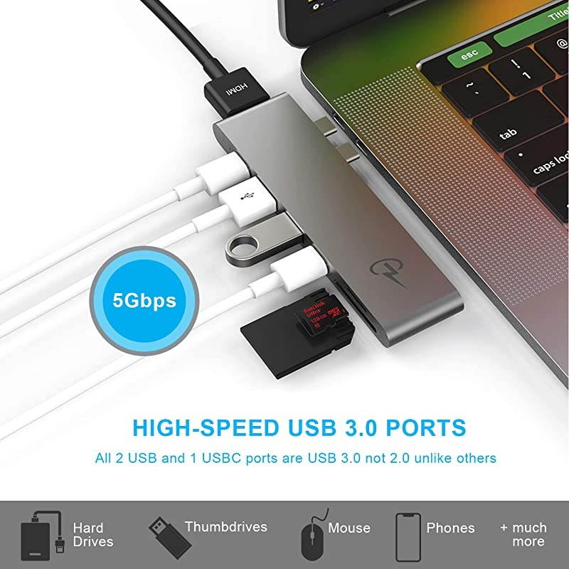 USB C Hub for MacBook Pro 16", 15", 13", 2020 (M1), 2019, 2018, MacBook Air 2020 (M1), 2019, 2018, 100W Power, HDMI 4K, 2 USB 3.0, microSD, SD card reader, USB C port. MacBar USBC Adapter.