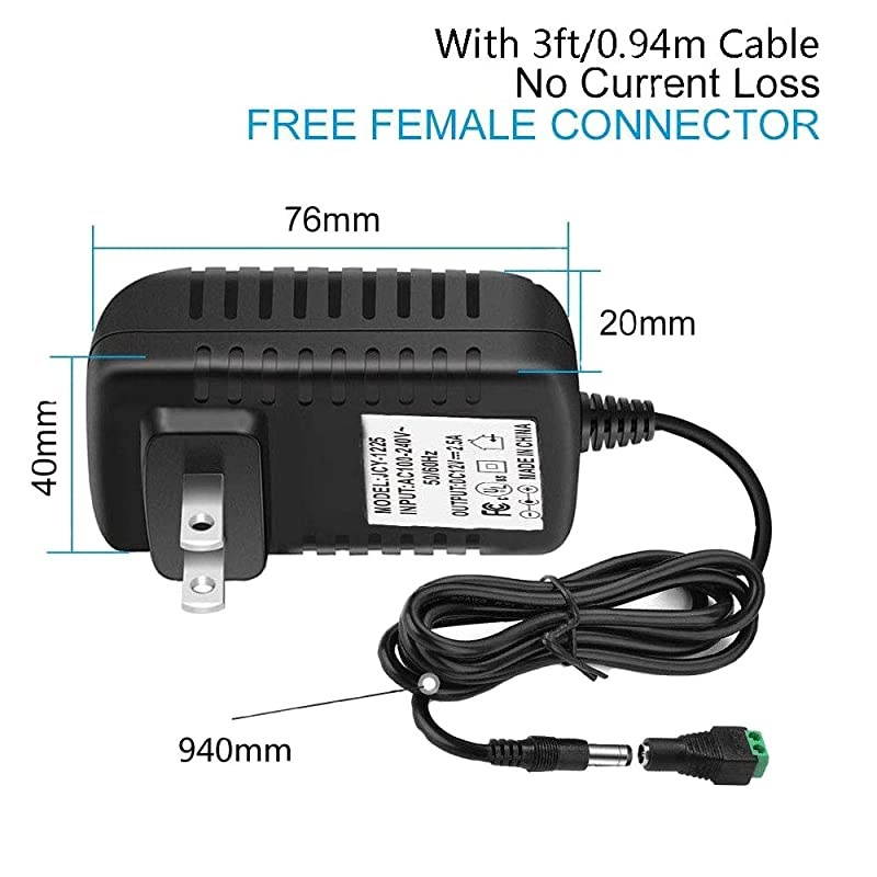 UL Listed  12V 25A 30W AC DC Switching Power Supply Adapter Input 100240V Output 12 Volt 25 Amp Wall Transformer Charger for DC12V CCTV Camera LED Strip Light 3Ft Cord 30 Watt Max