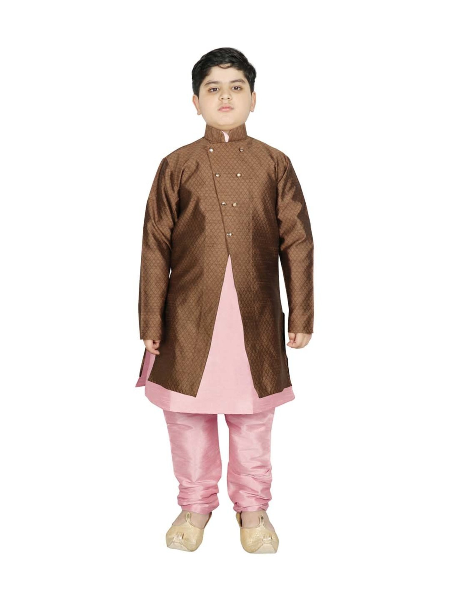 SG Yuvraj Kids Brown & Pink Textured Pattern Full Sleeves Kurta Set