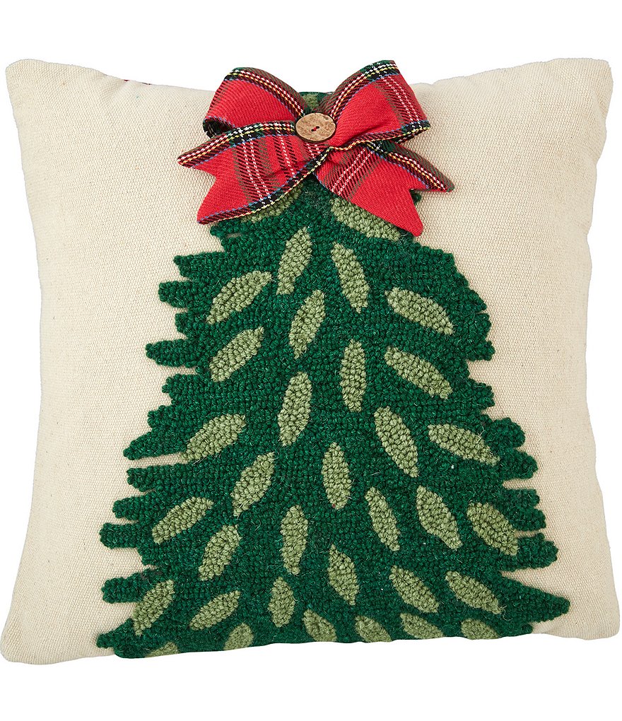 Mud Pie Classic Christmas Collection Tree Hooked Wool Pillow