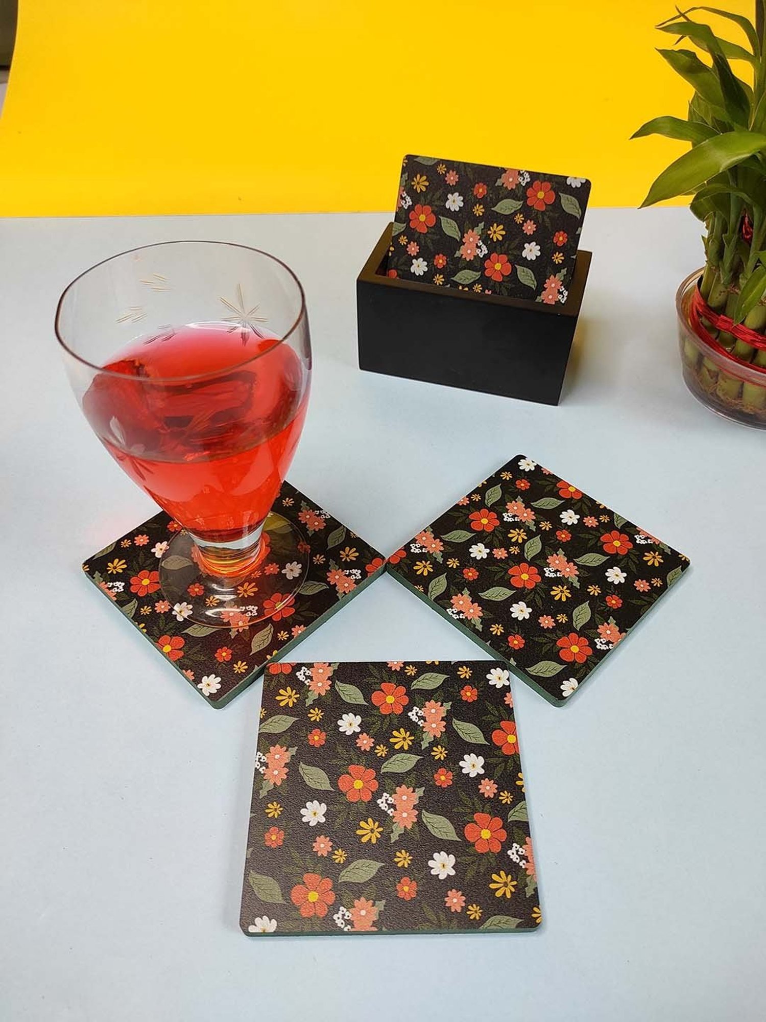 Crayton Black Wooden Floral Printed Square Coasters with Holder - Set of 6