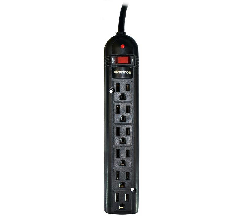 THIS 6 OUTLET PLASTIC POWER STRIP HAS 750 JOULES, EMI/RFI FILTER AND A 25FT POWE