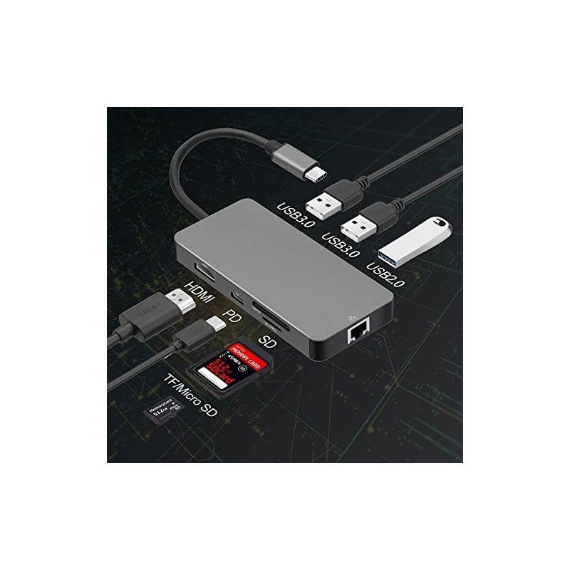 USB C Hub Adapter  8 in 1 Portable Aluminum Dongle 4k HDMI HD Video Type C Ethernet USB 30 Hub SDTF Card Reader for MacBookProAir iPad ChromeBook XPS and More Type C Devices