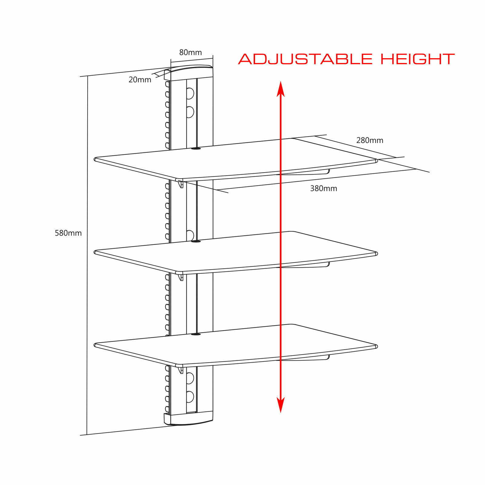 QualGear&reg; Universal Triple Shelf Wall Mount for A/V Components upto 8kgs/17.6lbs(x3), Black (QG-DB-003-BLK)