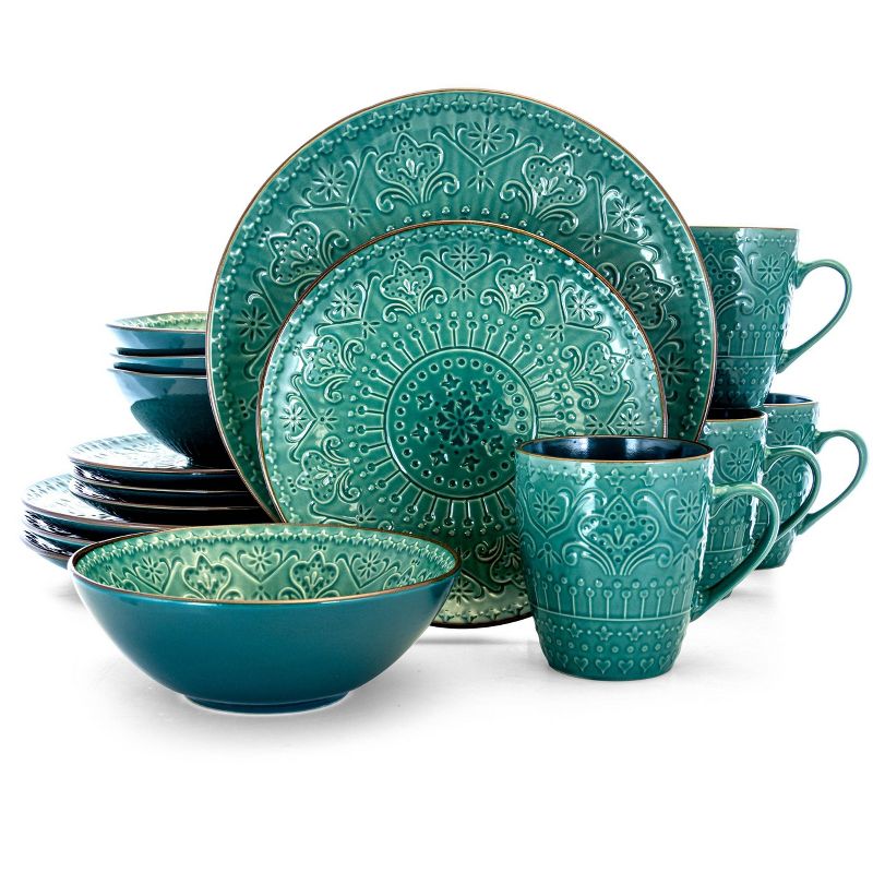 16pc Stoneware Mural Dinnerware Set Teal - Elama