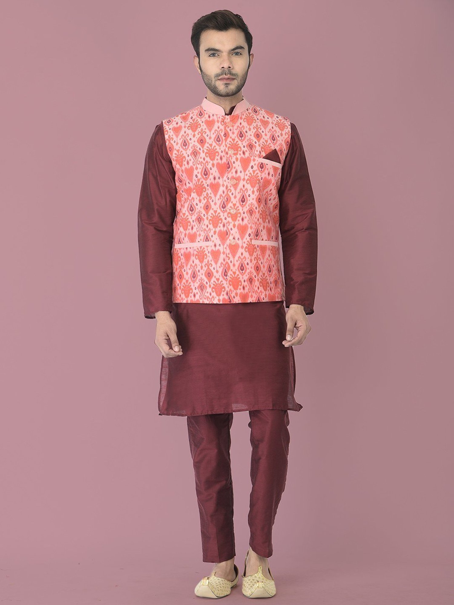 Deyann Maroon & Peach Cotton Regular Fit Self Pattern Kurta Set With Jacket