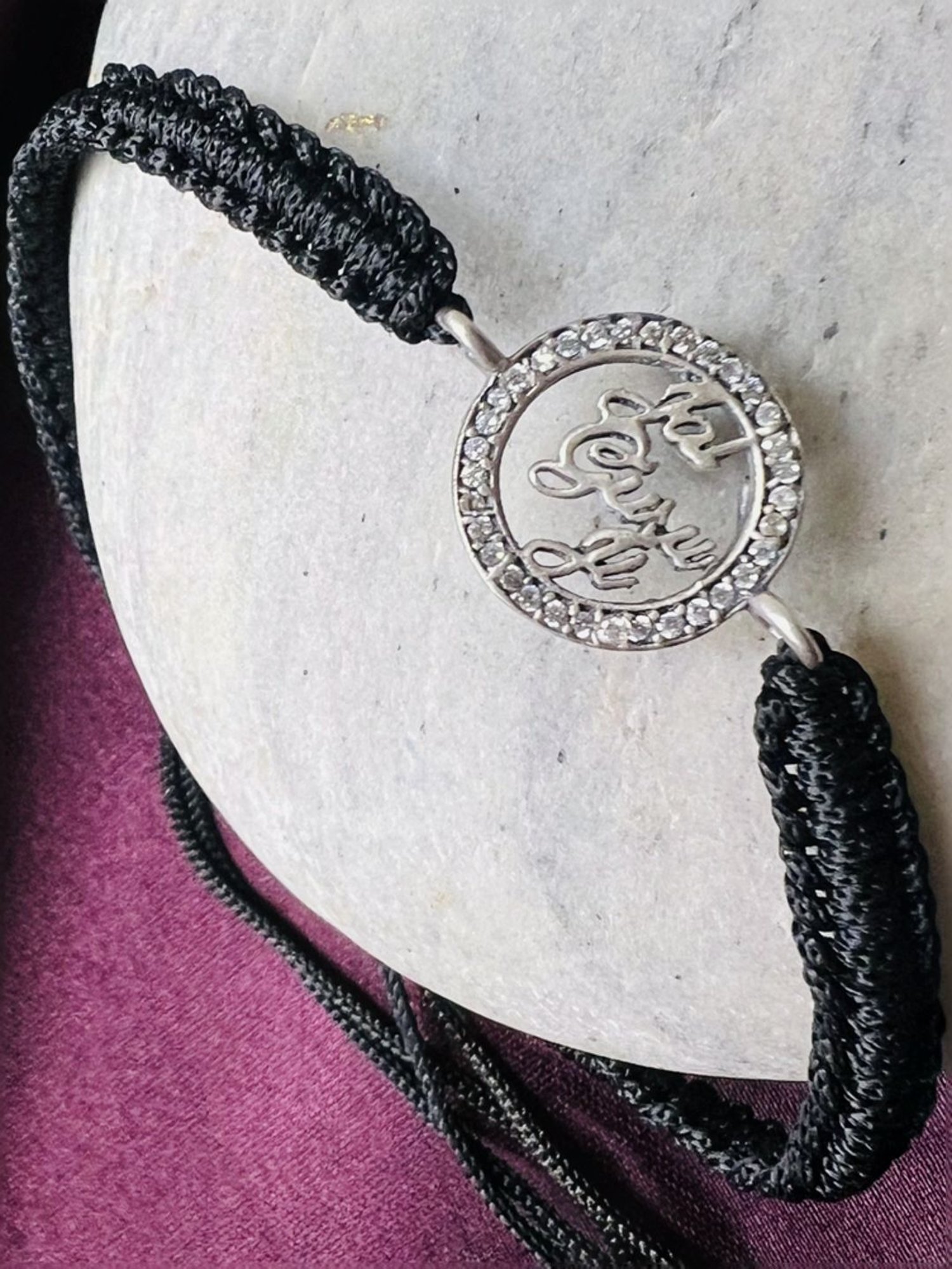 Arte Jewels 925 Silver Jai Guru Ji Initial Black Thread Adjustable Zirconia Bracelet for Women/Girls