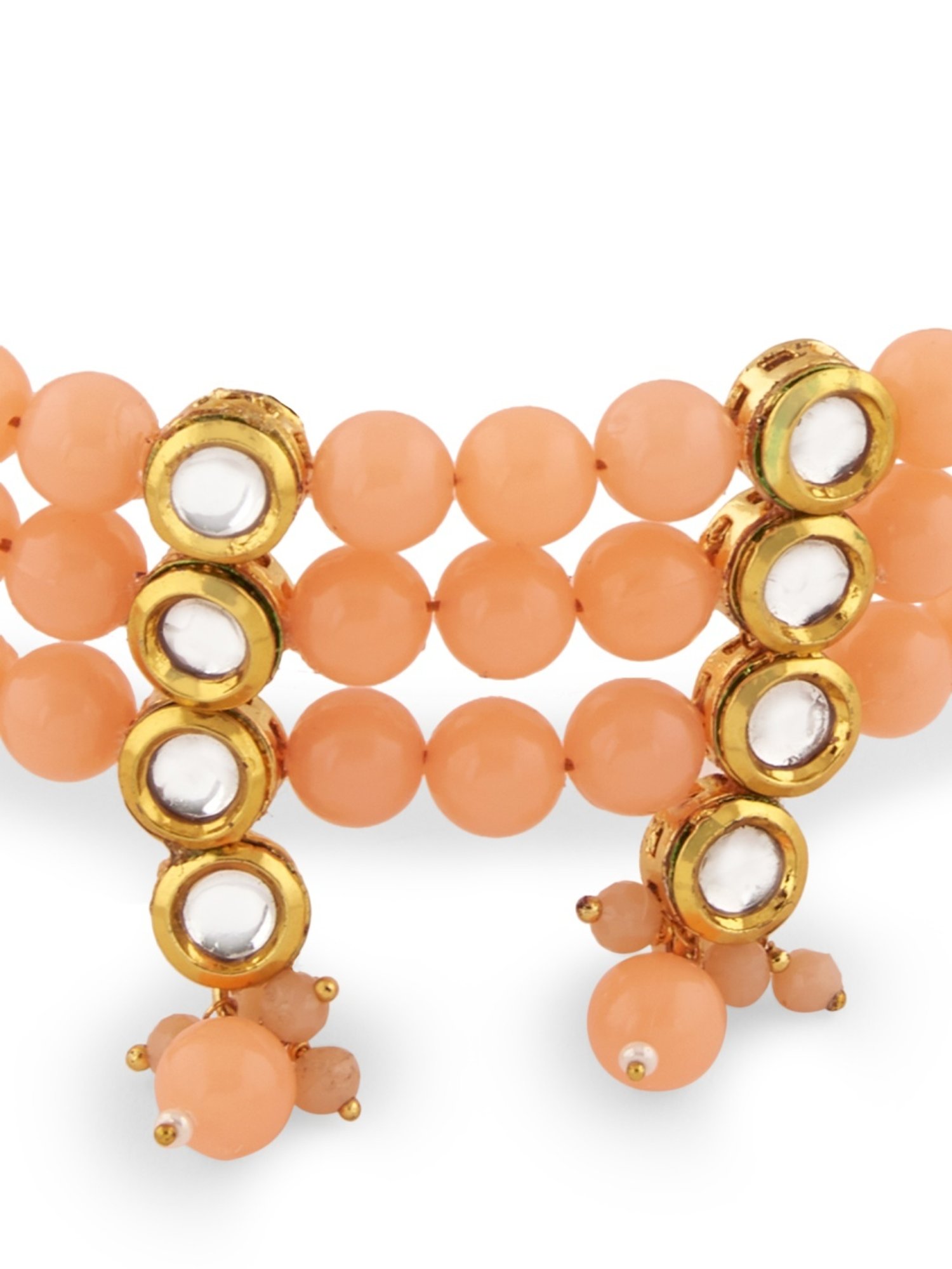 Zaveri Pearls Peach Multistrand Beaded Kundan Necklace & Earring Set