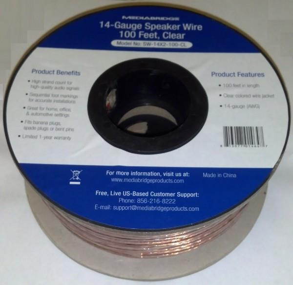 Mediabridge 14AWG 2-Conductor Speaker Wire (100 Feet, Clear)- Spooled Design with Sequential Foot Markings (Part# SW-14X2-100-CL )