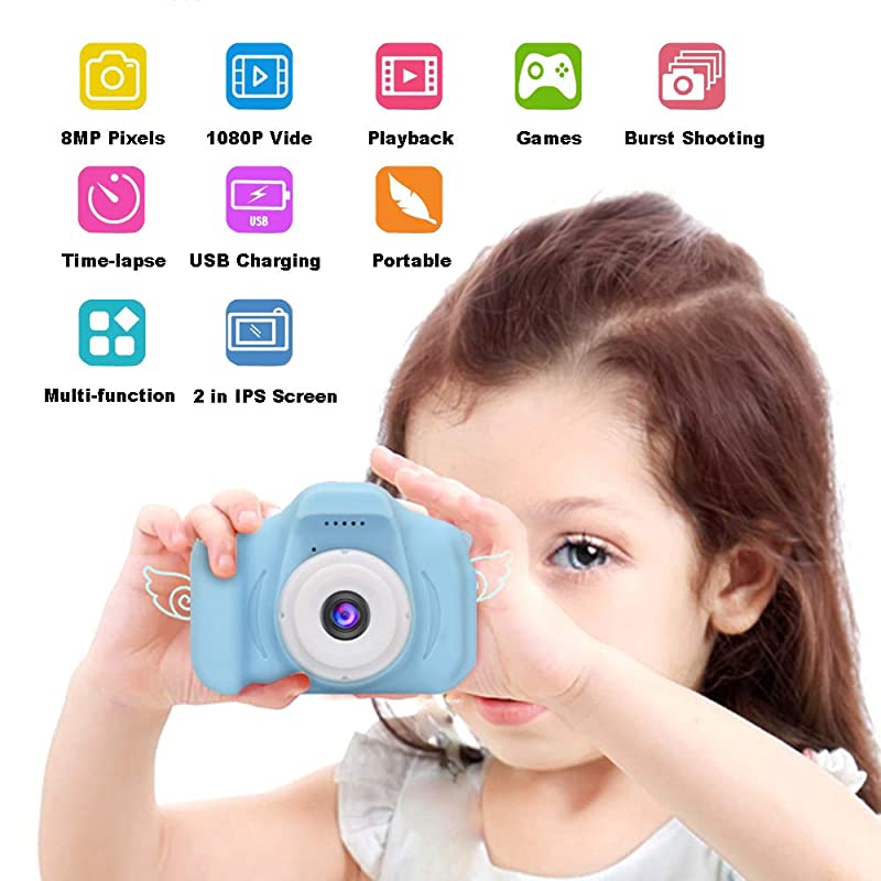 Camera for Kids Mini Blue Rechargeable Children Camera Shockproof 80MP HD Child CamcorderToddler Cameras with 16GB TF Card for Boys Age 38 Birthday Toy Gifts